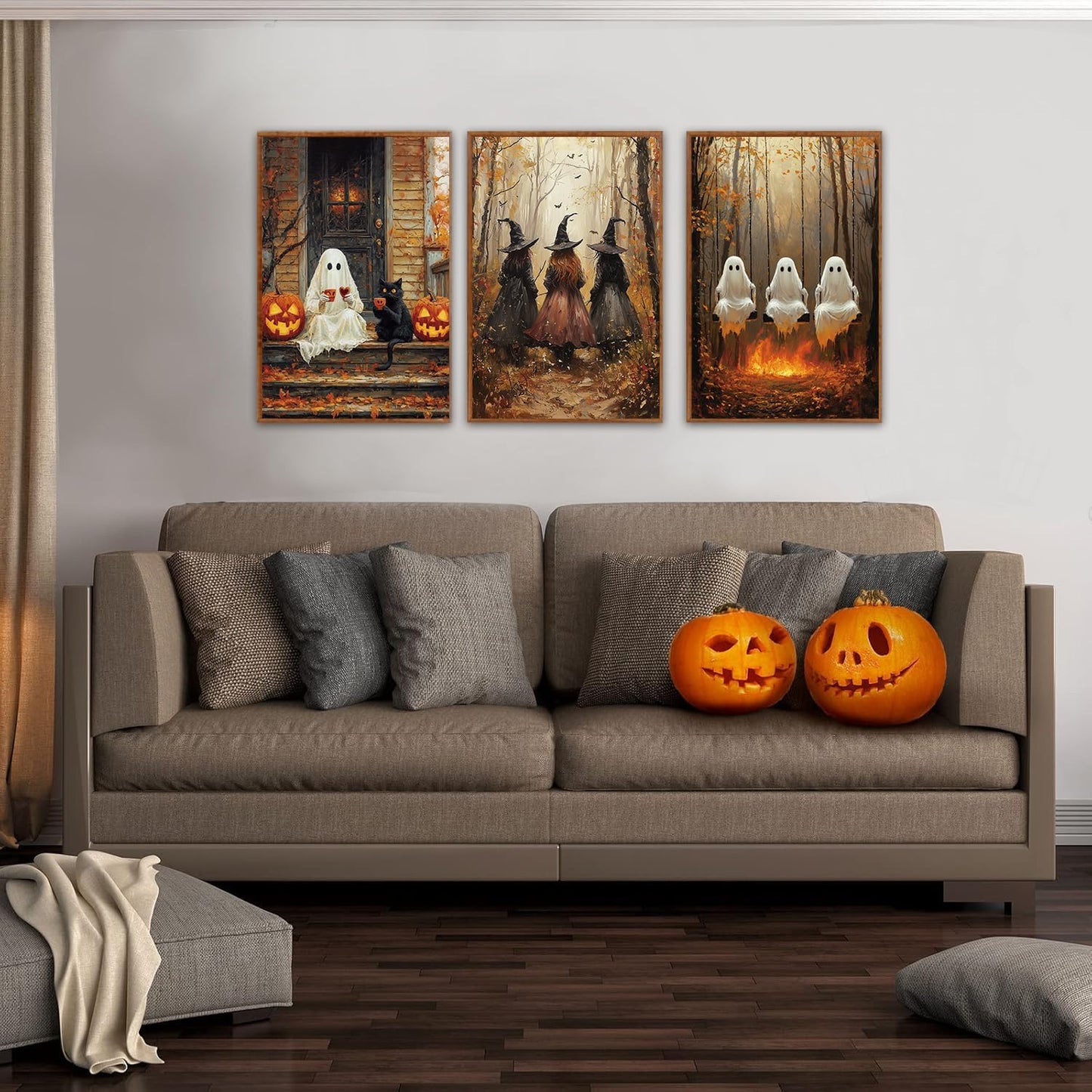 HLNIUC Framed Halloween Canvas Wall Art,Dark Witch Crow Raven Prints,Black Cat Decor,Horror Gothic Ghost Pictures Set of 3 (16"X24") Scary Pumpkin Wall Decor for Party Living Room Bedroom Decoration