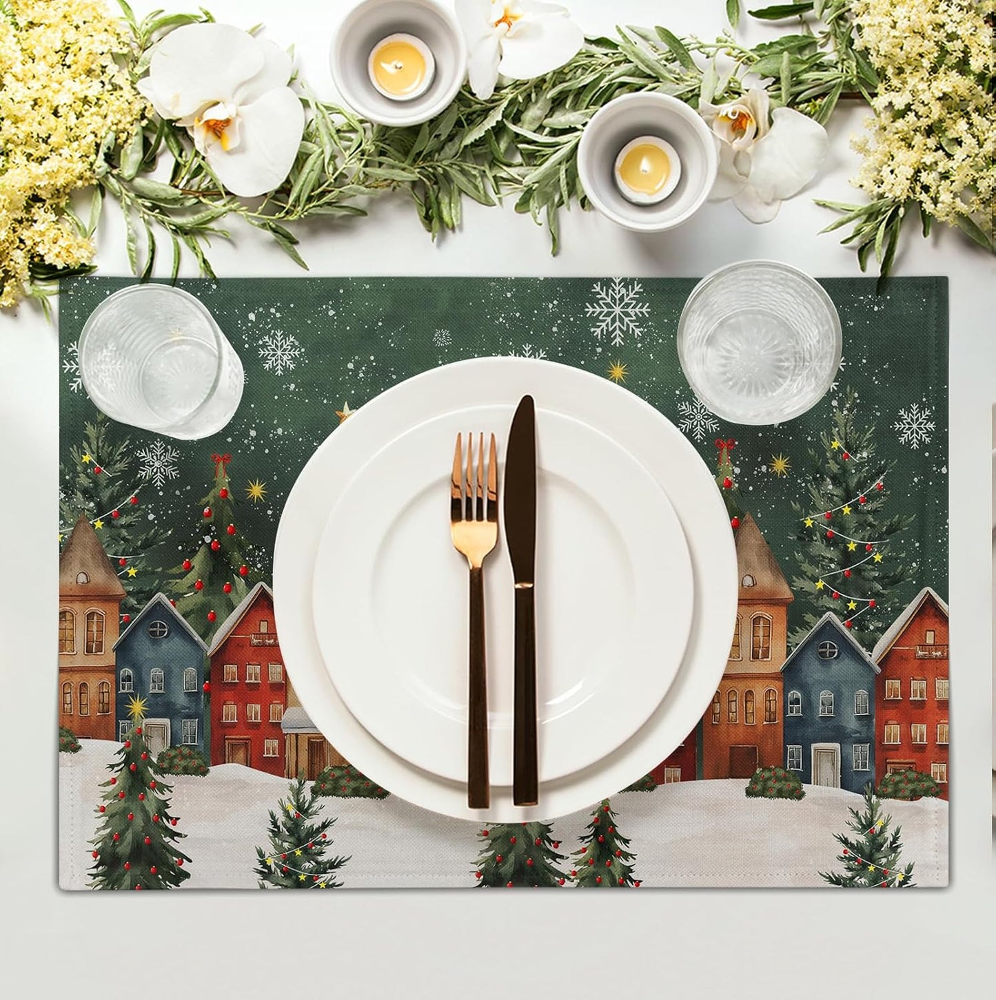 Christmas Placemats 12x18 Inch Set of 4, Winter Xmas Tree Wonderland Forest Village Town House Snowflake Linen Table Mats Washable Place Mats for Party Kitchen Dining Outdoor Indoor Decor