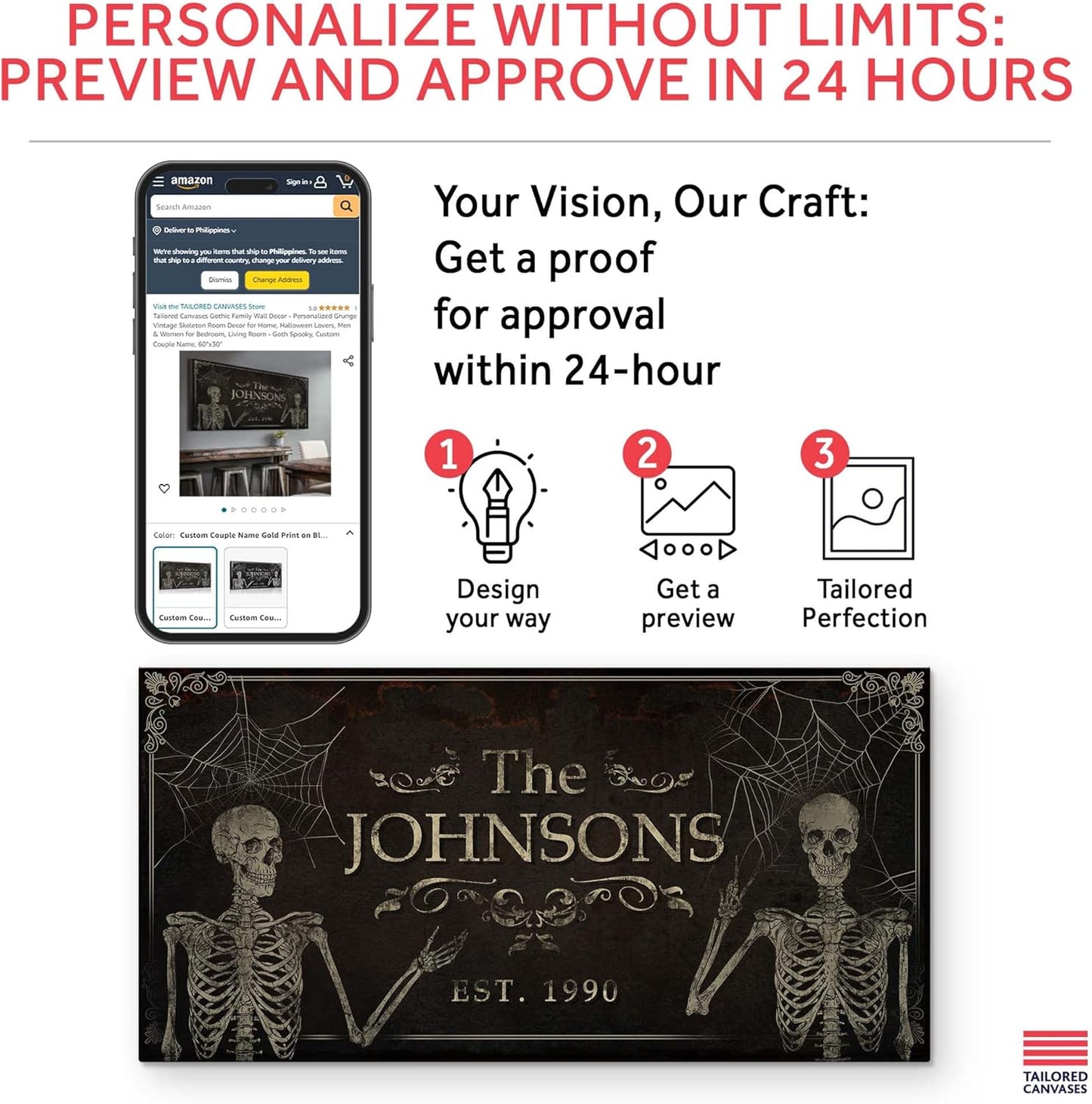 Tailored Canvases Gothic Family Wall Decor - Personalized Grunge Vintage Skeleton Room Decor for Home, Halloween Lovers, Men & Women for Bedroom, Living Room - Goth Spooky, Custom Couple Name, 60"x30"