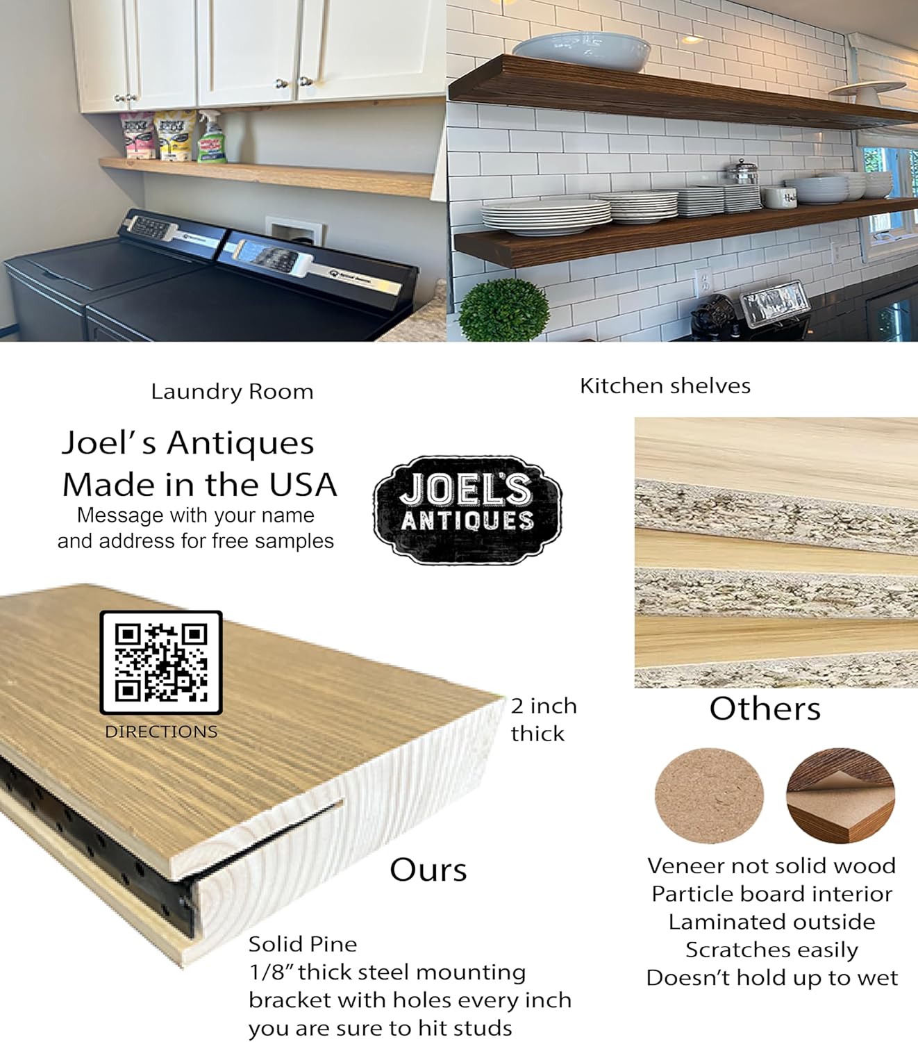 Joel's Antiques - 42 Inch Wooden Floating Shelves for Wall - 42x8x2 in - Made of Natural Wood - Heavy Duty Rustic Wall Shelves for Bedroom - Perfect for Living Room, Kitchen - Mocha