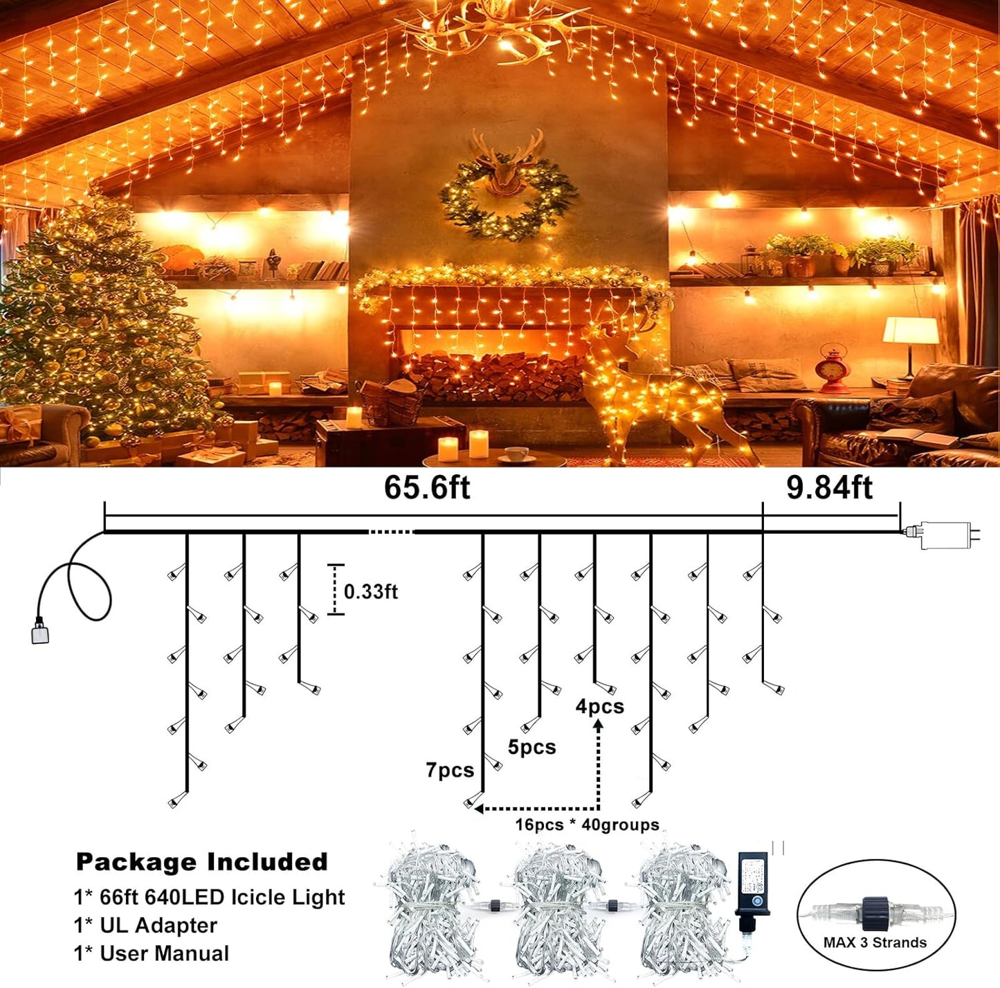 Orange Halloween Lights Outdoor, 66FT 640 LED Icicle Lights for Outside with 8 Modes Timers, Waterproof Plug in Twinkle String Light for House Yard Eave Patio Party Holiday Decorations