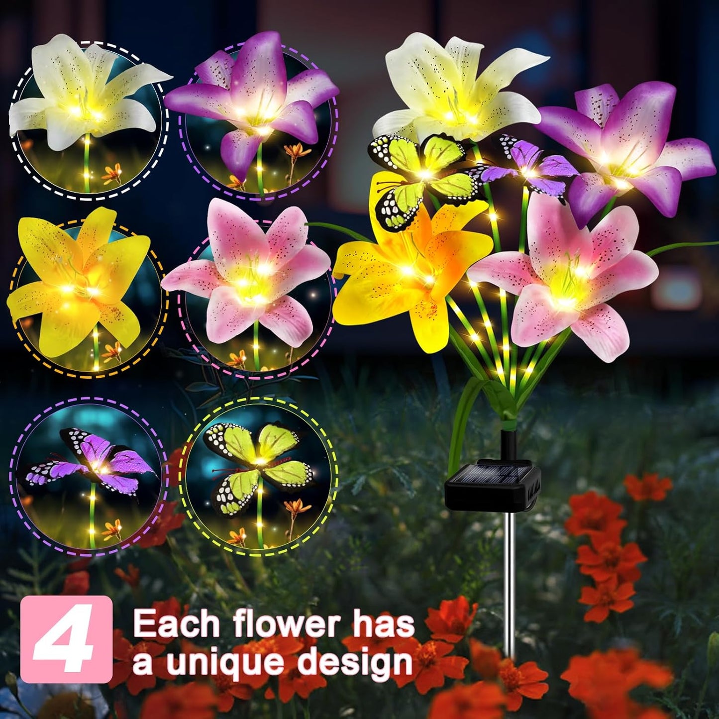 Solar Garden Lights Outdoor, 4 Pack Flower Lights for Outside, 16 Solar Lilies with Butterflies, Waterproof Garden Decor for Yard, Patio, Gifts for Women Mom (4 pcs Lilies)