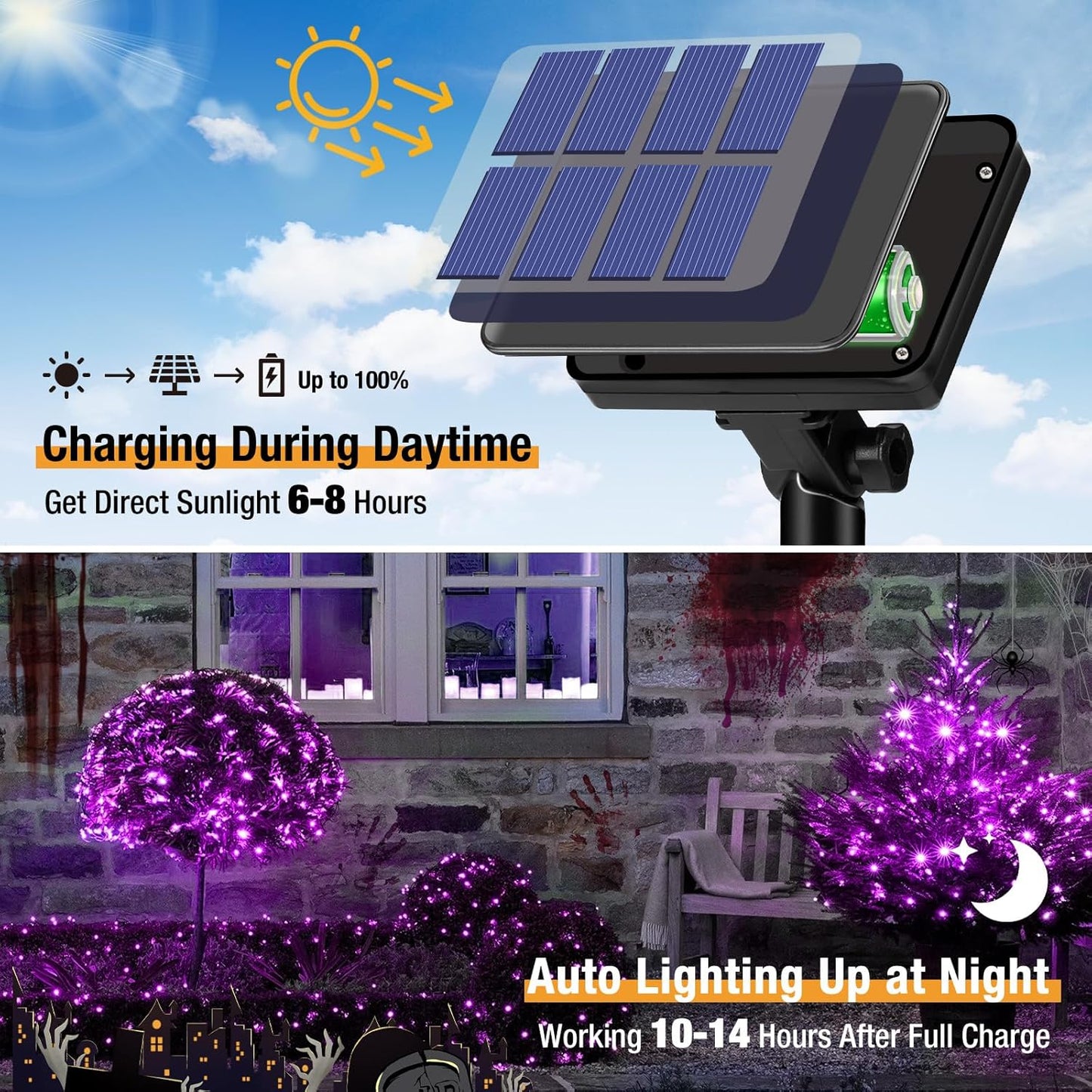 4 Pack Solar String Lights Outdoor - 320LED 132FT Halloween Solar Fairy Lights Outside Waterproof, 8 Modes Purple Solar Powered Twinkle Lighting Decorations for Tree Garden Yard Spooky Patio Party