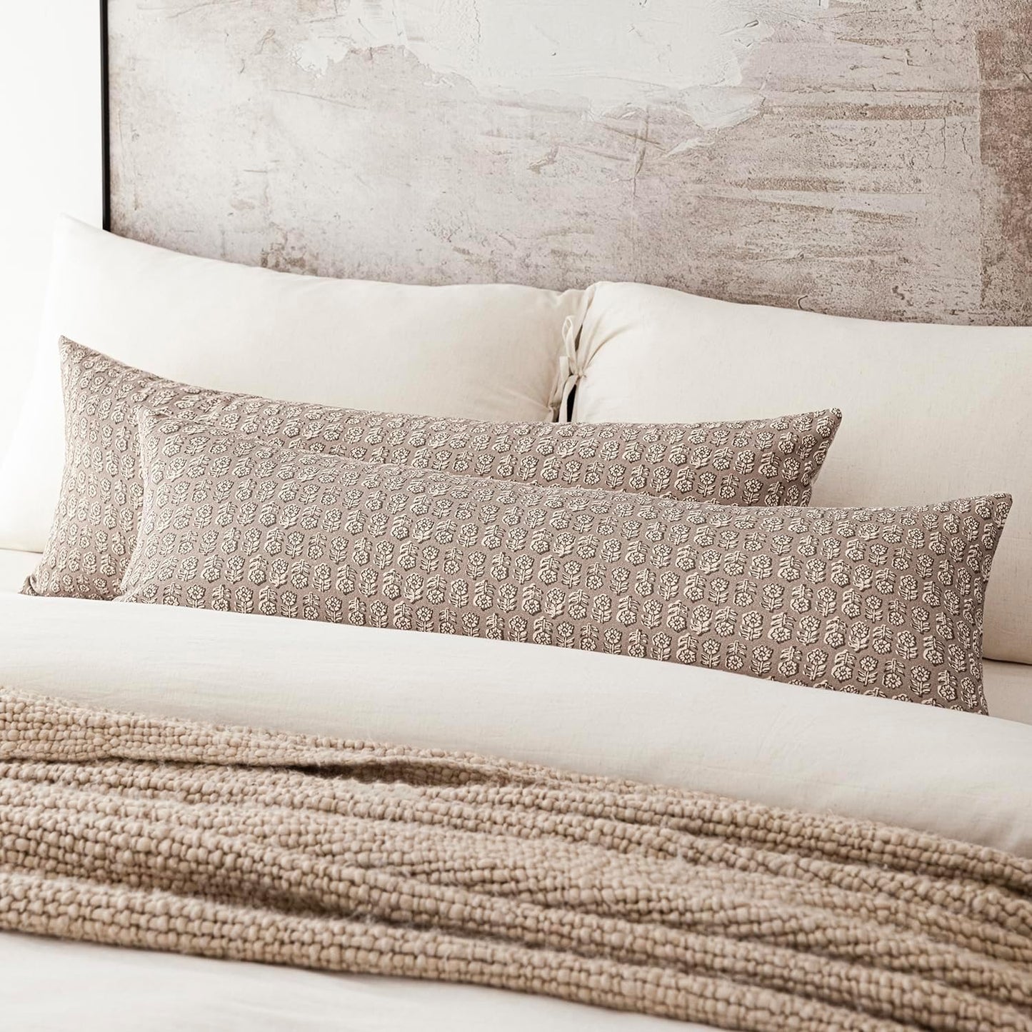 Foindtower Set of 2 Decorative Floral Body Lumbar Throw Pillow Covers Neutral Modern Farmhouse Cushion Covers Vintage Home Decor for Sofa Couch Chair Bedroom Living Room Outdoor,14×36 Inch,Tan Taupe