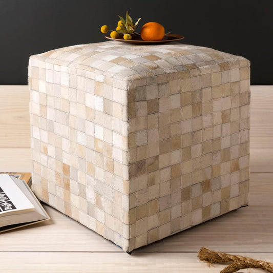 Mark&Day Pouf Ottoman, Grobschonau Hide Leather and Fur Camel Cube Pouf Foot Rest for Living Room, Bedroom and Boho Home Decor (18"x18"x18")