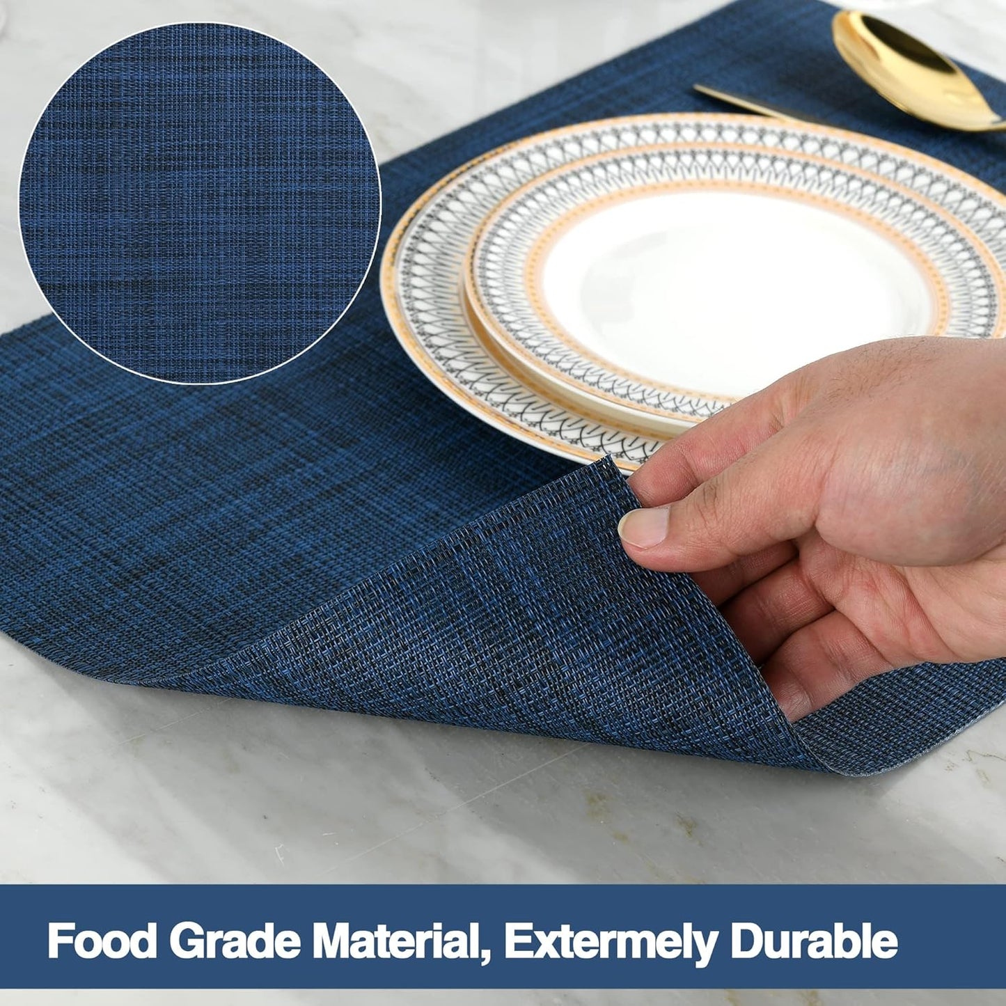 Navy Blue Placemats Set of 8 - Easy Clean Washable Vinyl Placemats - Wipeable Heat Resistant Table Mats for Dining Table - 17x12 Inch (Navy Blue, 8)