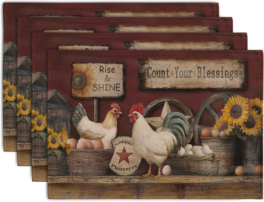 Farmhouse Rooster Placemats Set of 4 Farm Animal Chicken Place Mats 12x18 Inch Vintage Rustic Country Linen Table Mat Washable Non-Slip Placemat for Party Kitchen Dining Decor