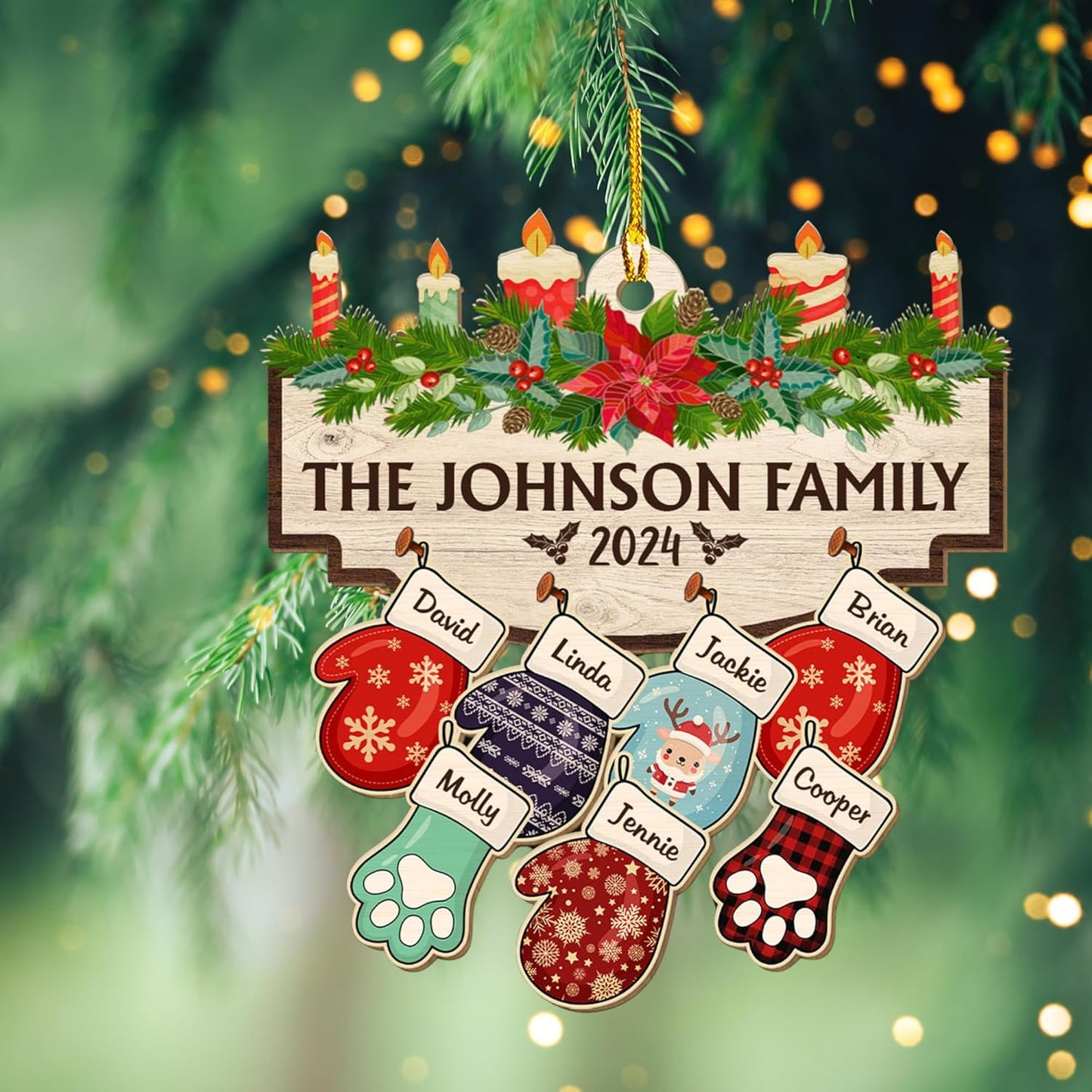 Family with Pet Ver 2 - Personalized Custom Wood Ornament, Family Gloves Christmas Ornament 2024, Xmas Ornament Gifts for Family Tree Decoration (A06, 3 Names)