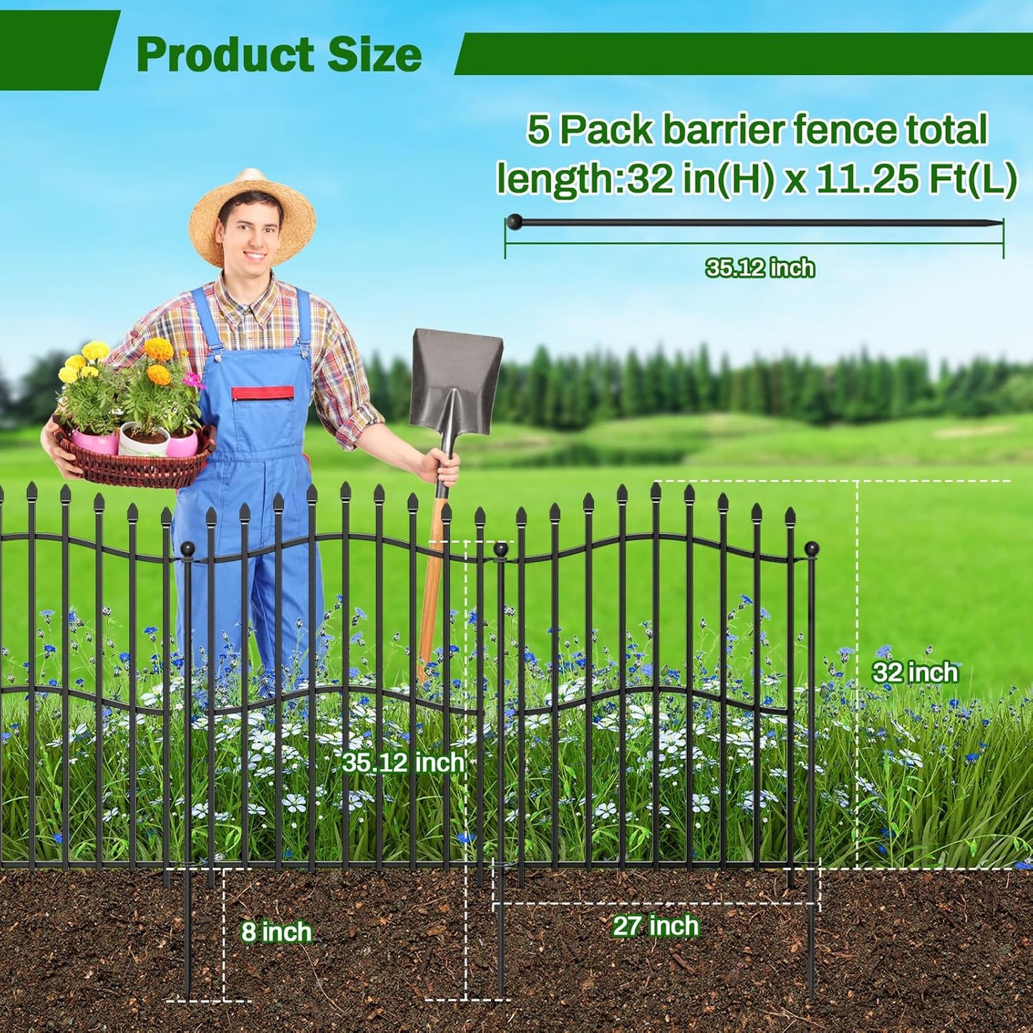 No Dig Garden Fence with Gate - 5 Panels 32in H x 11.25ft L, Sturdy Square Tube Rustproof Tall Animal Barrier for Dogs, Decorative Outdoor Fencing for Yard Gardens & Patios