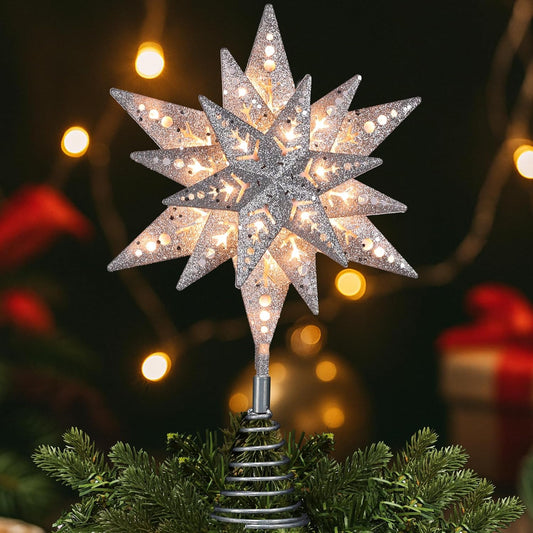 ODEETRONIC Silver Glittered Snowflake Tree Topper, 8 in 3D Christmas Tree Star Topper with 25 Clear Lights, 120V UL Certified Snowflake Tree Toppers, Warm Silver Tree Toppers for Xmas Tree Party Decor