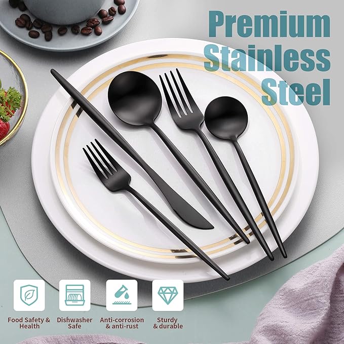 Matte Black Silverware Set for 4,Modern Stainless Steel Brushed Cutlery Set,20-Pieces Heavy Duty Flatware Set,Knives Spoons and Forks Set Utensils Set, Satin Finish, Dishwasher Safe