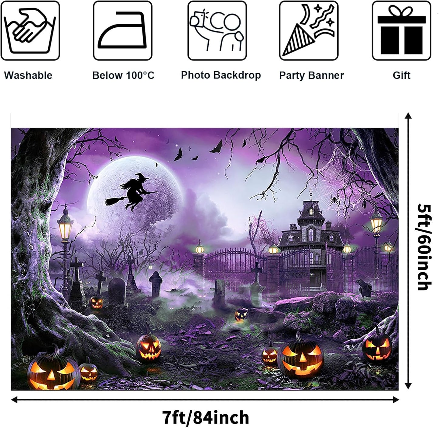 Avezano Halloween Photography Backdrop Full Moon Scary Night Castle Pumpkins Party Background Spooky Witch Bats Cemetery Child Kids Halloween Party Decorations Photoshoot Backdrops (7x5ft, Purple)