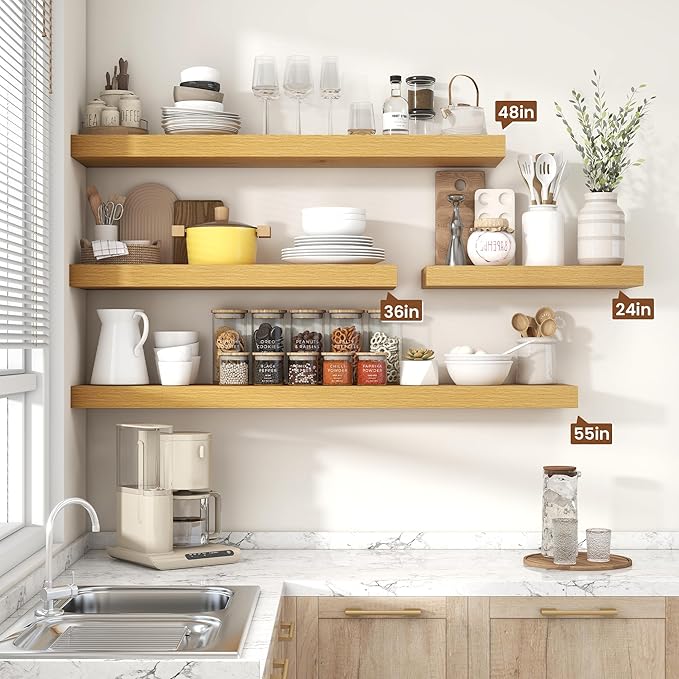 Heimlove 55 Inch Floating Shelves for Wall,10 Deep Large Rustic Wall Shelf with Heavy Duty Brackets,Mounted Storage & Display Shelves for Bedroom,Living Room,Kitchen,Office,Set of 2,Oak Color