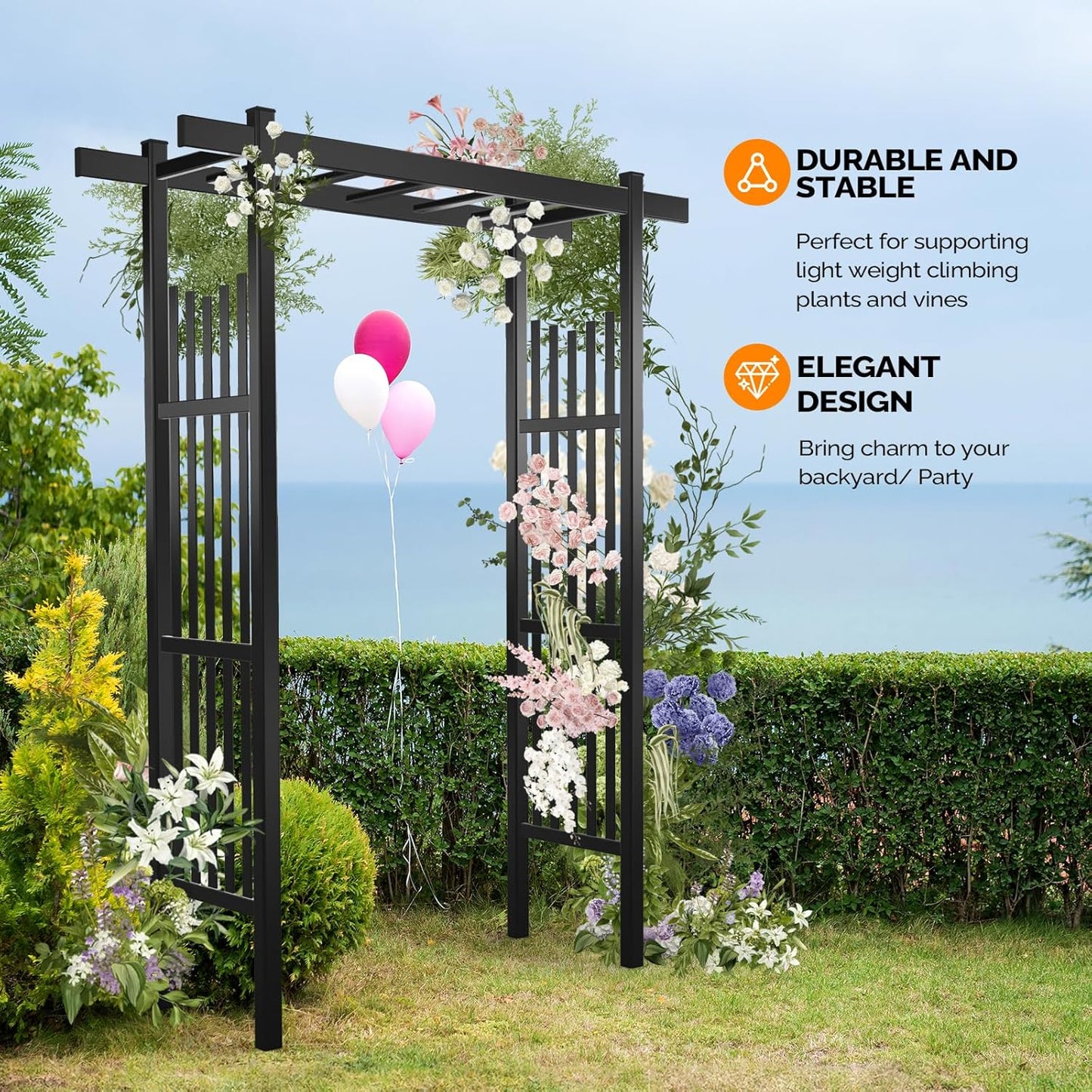 VINGLI Garden Arbor, PVC Wedding Arch for Ceremony Party, Garden Trellis for Climbing Plants Outdoor, Arch Backdrop Stand for Garden, Backyard, Lawn, Wedding (Black)