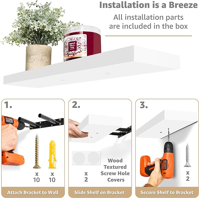 Sorbus Floating Shelves for Wall - 24" Bathroom Shelves, Wall Decor for Bedroom, Kitchen, Living Room, Home Decor & Book Storage - Mounted Floating Shelf with Invisible Brackets (White, 4 Pack)