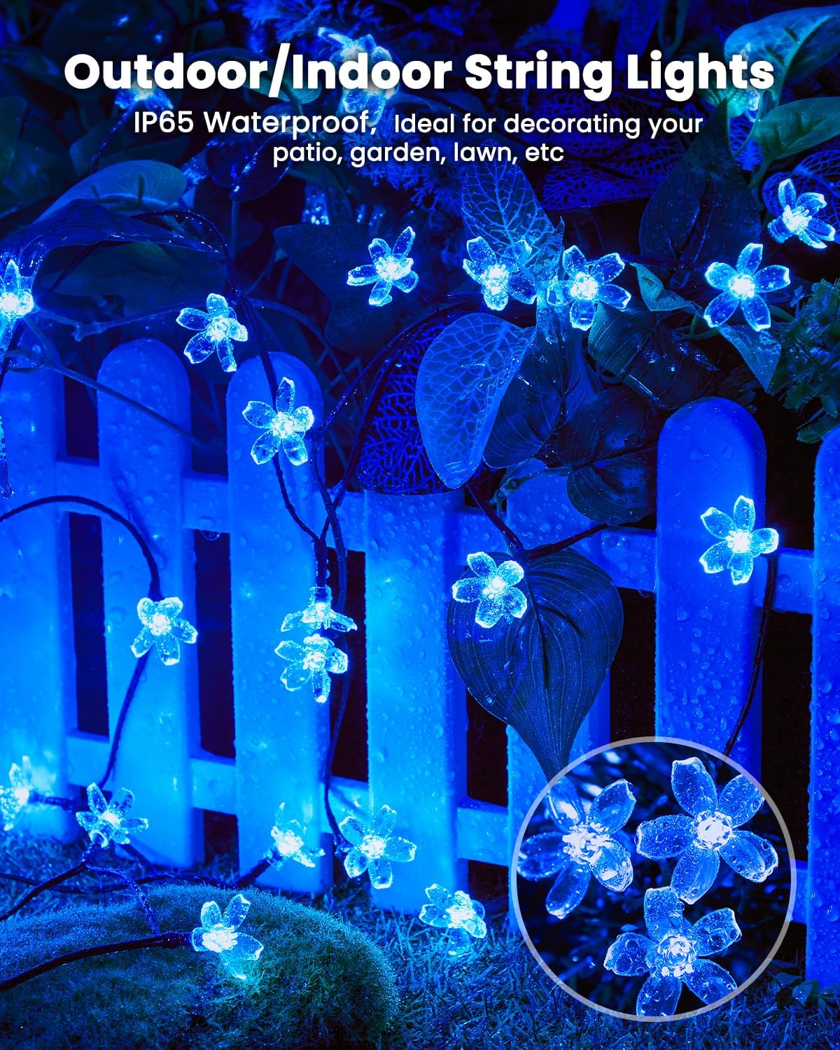 Brightown 2 Pack Total 52FT 120 LED Solar Flower String Lights for Outside Waterproof Fairy Lights for Garden Yard Fence Patio Christmas Tree Wedding Party Decor, Blue