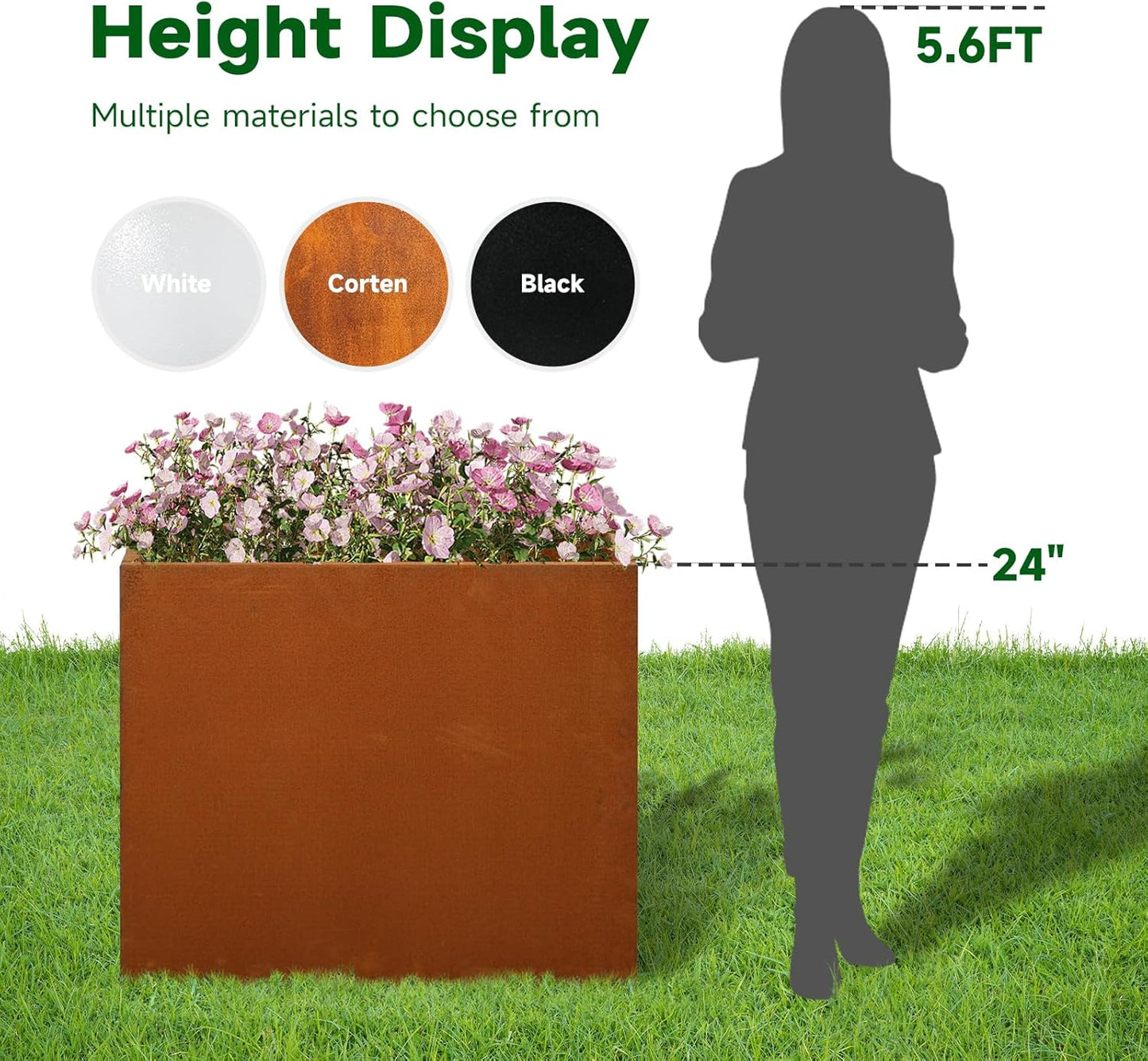 Corten Steel Metallic Heavy Planter for Outdoor Plants 24"x10"x24" Metal Planter Spliced Flower Pot with Partitions for Outside,Indoor,Garden (Corten, 24 * 10 * 24)
