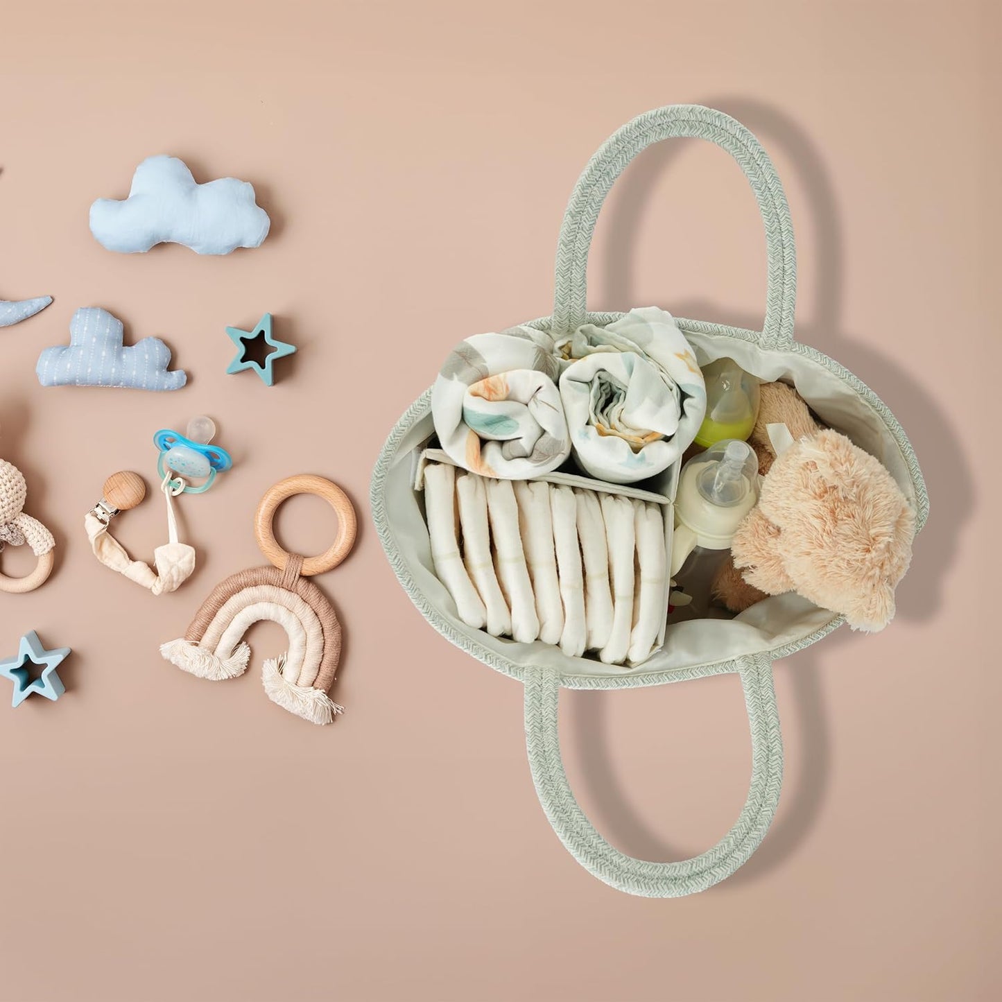 Diaper Caddy Organizer Cotton Rope Baby Basket Nursery Storage and Portable Tote Bag for Car Ideal Baby Shower Gifts and Registry Must-Have for Newborn Essentials Large light green