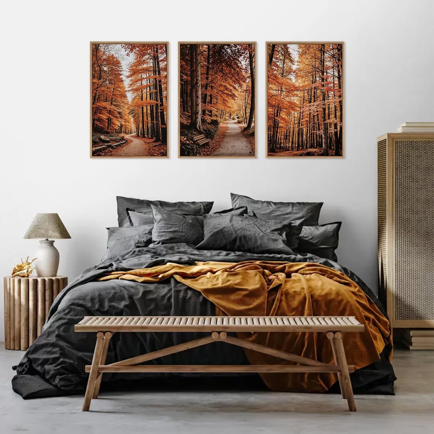 HLNIUC Autumn Forest Framed Canvas Wall Art,Fall Nature Pictures Wall Decor Set of 3(16”x24”) Large Maple Trees Trail Scenery Wall Painting,Modern Fall Landscape Art Print for Living Room,Bedroom
