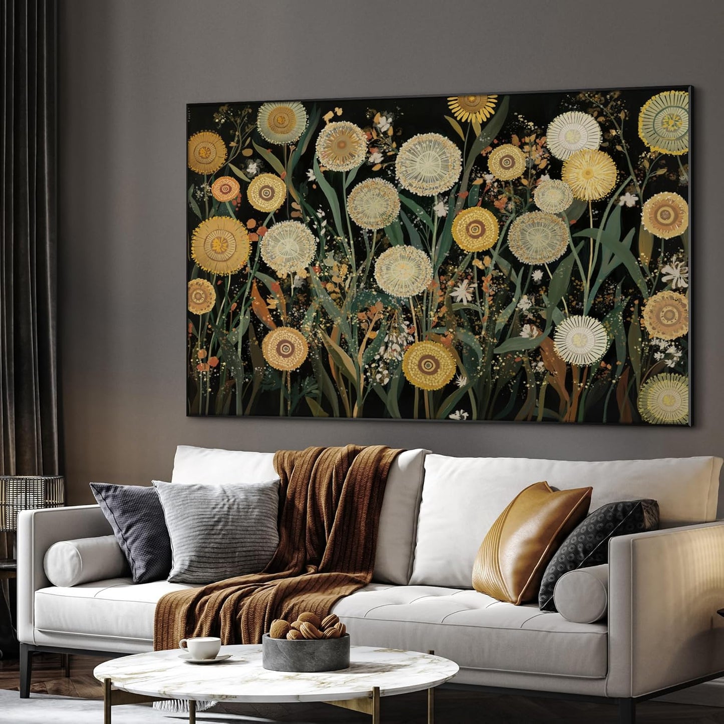 SIGNWIN 46"x72" Extra Large Framed Wall Art Whimsical Dandelion Field in Yellow and Green, Playful Botanical Print for Home Living Room Bedroom Decor (Frame Assembly Required)