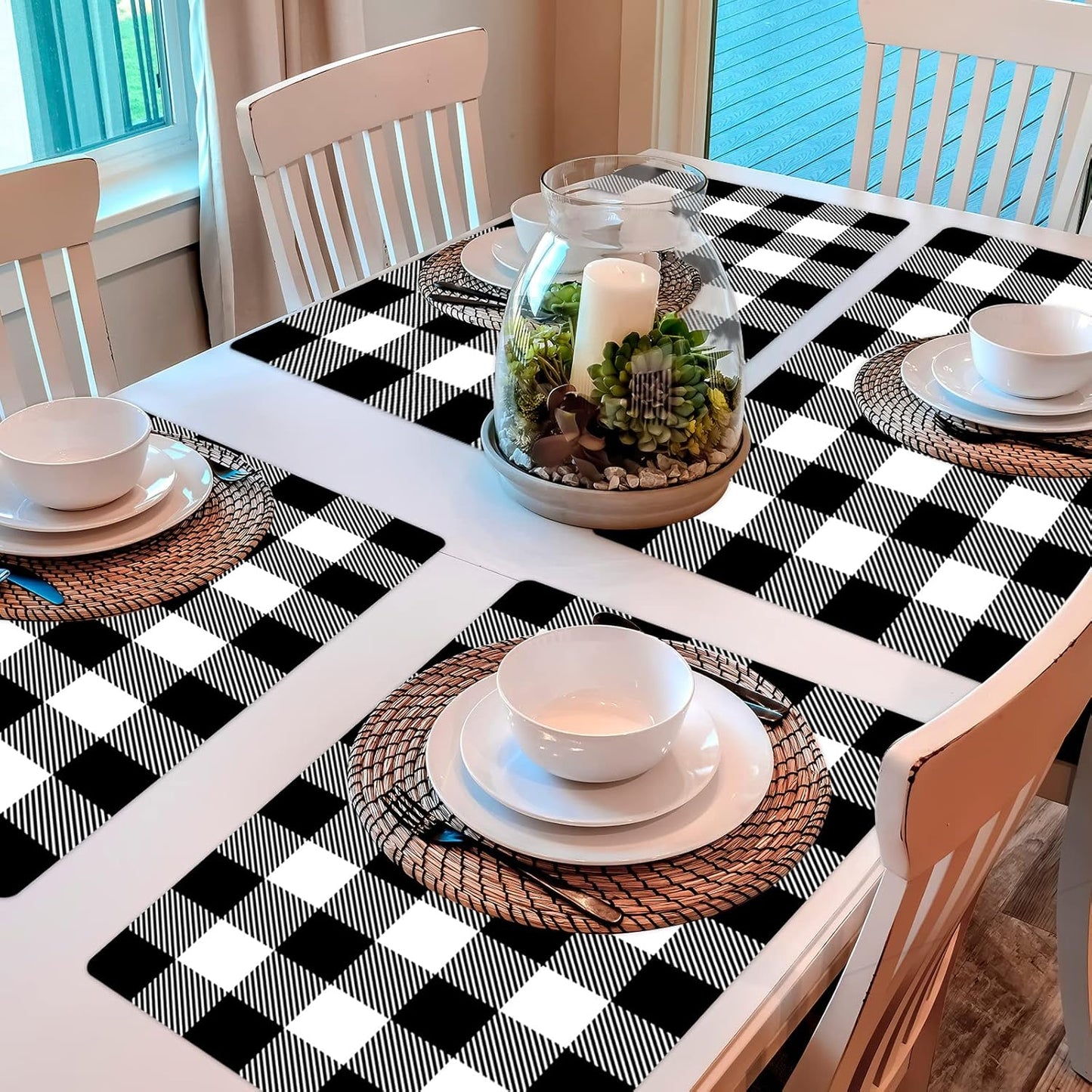 Black and White Plastic Placemats Set of 6 Check Plaid Table Mats Black Buffalo Plaid Place Mats Wipe Clean Washable Table Placemats for Indoor Outdoor Heat Resistant Kitchen Dining Table
