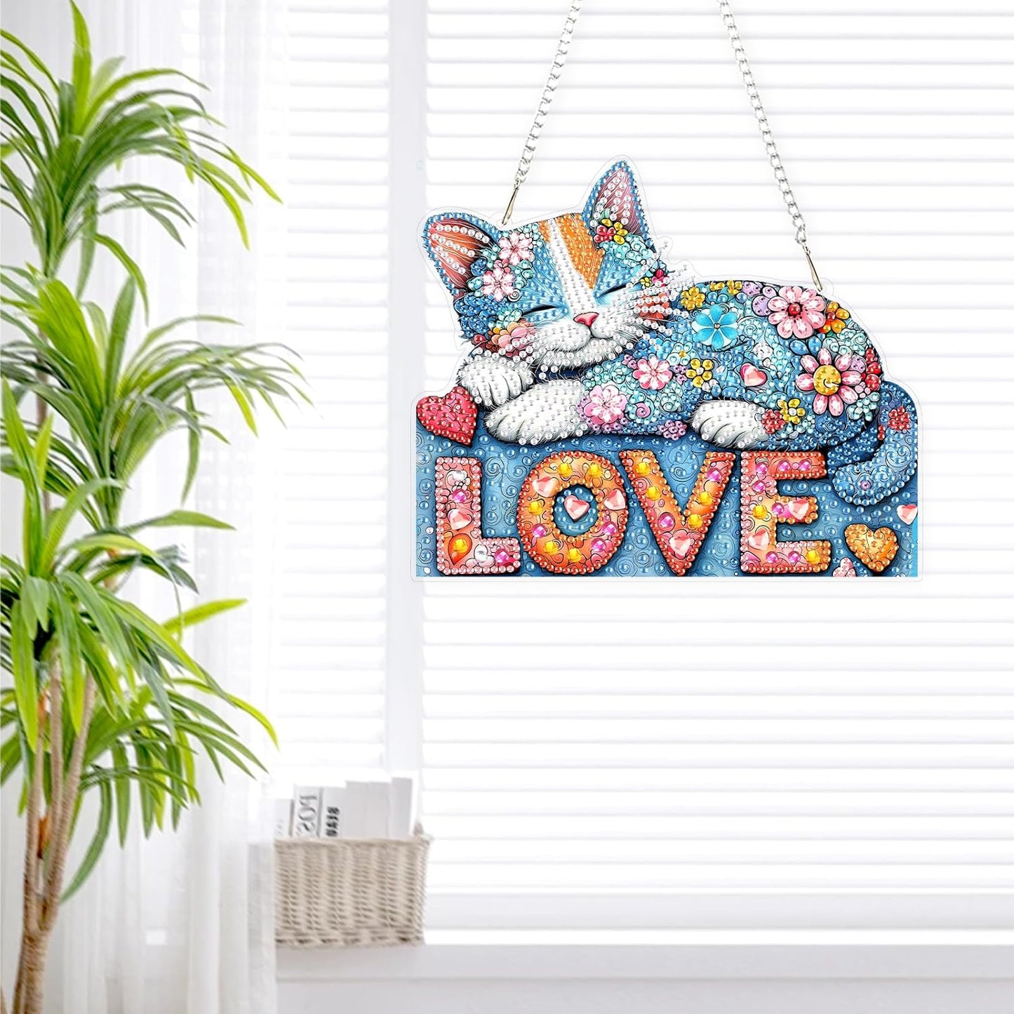 Lxmsja DIY Colorful Cat Diamond Painting Hanging Ornament, Double-Sided Acrylic Love Hearts Diamond Art Kit, Special Shaped Drill Pendant Window Art Kit, Suncatcher Hanging Craft Decoration 7×8 inch