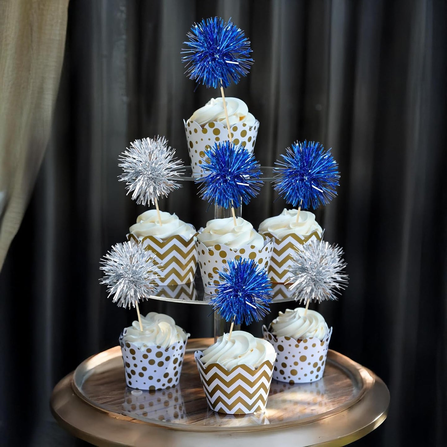 Ephlyn 30Pcs Foil Firework Cupcake Toppers Party Birthday Cake Toppers Supplies Sparkle Tinsel Cocktail Fruit Toothpick for Birthday Wedding Graduation Party Supplies Dark Blue Silver