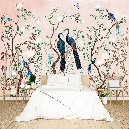 Pink Chinese Style Flowers Birds Wallpaper Peel and Stick Wall Mural for Bedroom Living Room - 85"x118"