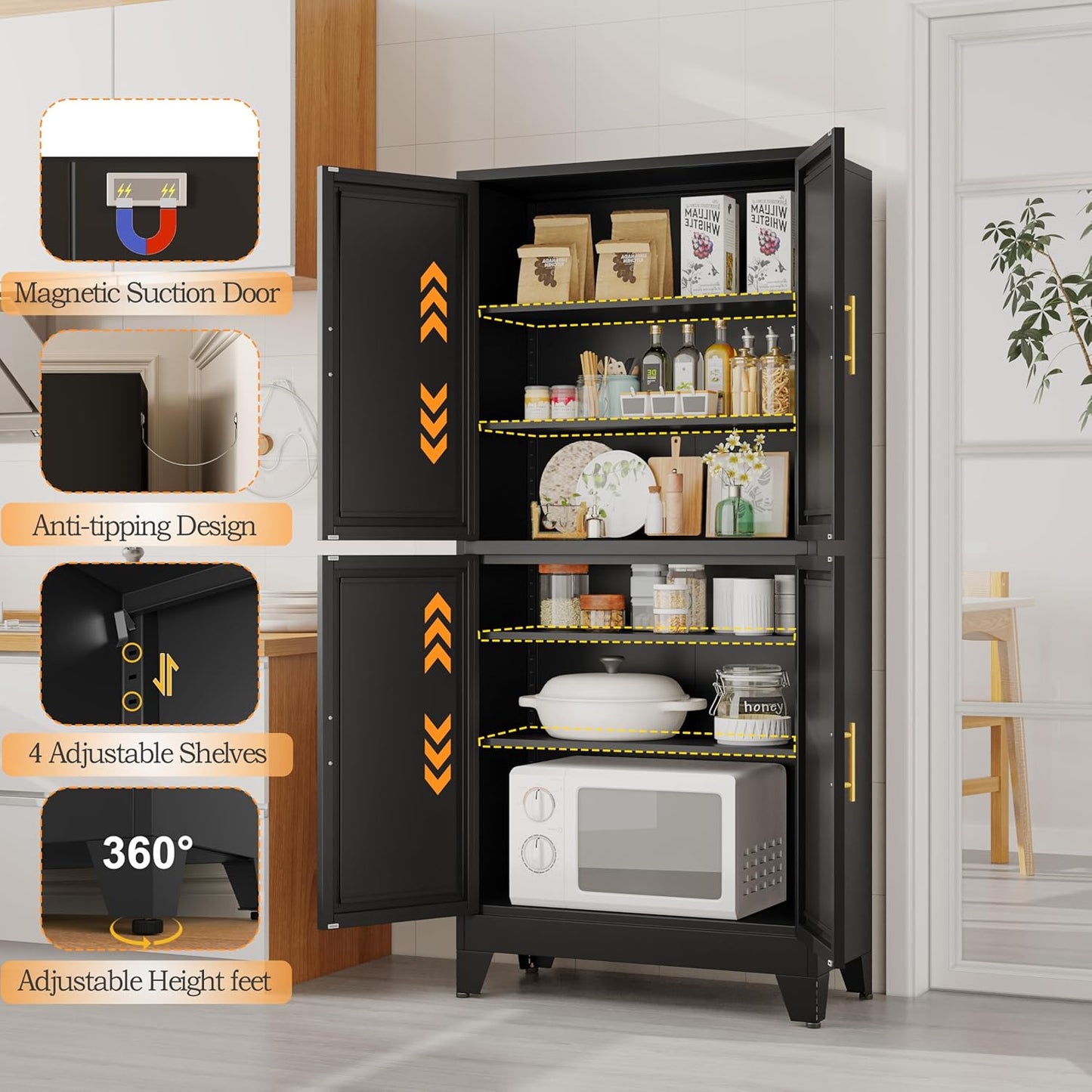 75.2" Tall Metal Pantry Cabinet, Storage Cabinets with 4 Door and 4 Adjustable Shelves, Black Kitchen Pantry Storage Cabinet, Freestanding Cupboard for Kitchen Dining Room Living Room Bathroom