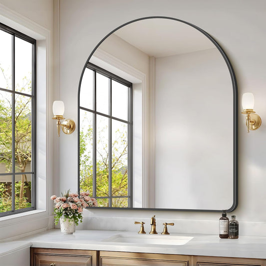 Arched Bathroom Mirror, 40"x48" Black Arched Mirror for Bathroom, Wall Mounted Mirror, Black Vanity Wall Mirror w/Metal Frame for Bedroom, Entryway, Living Room, Vertically Hanging