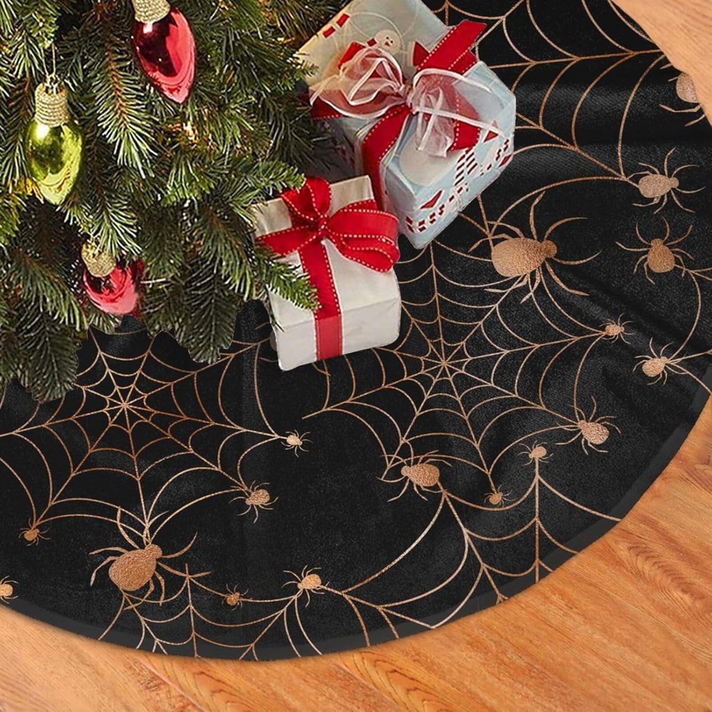 Christmas Tree Skirt,Gold Spider Web Xmas Tree Skirt Rustic Farmhouse Tree Skirt for Christmas Decor Xmas Holiday Home Party Decorations30