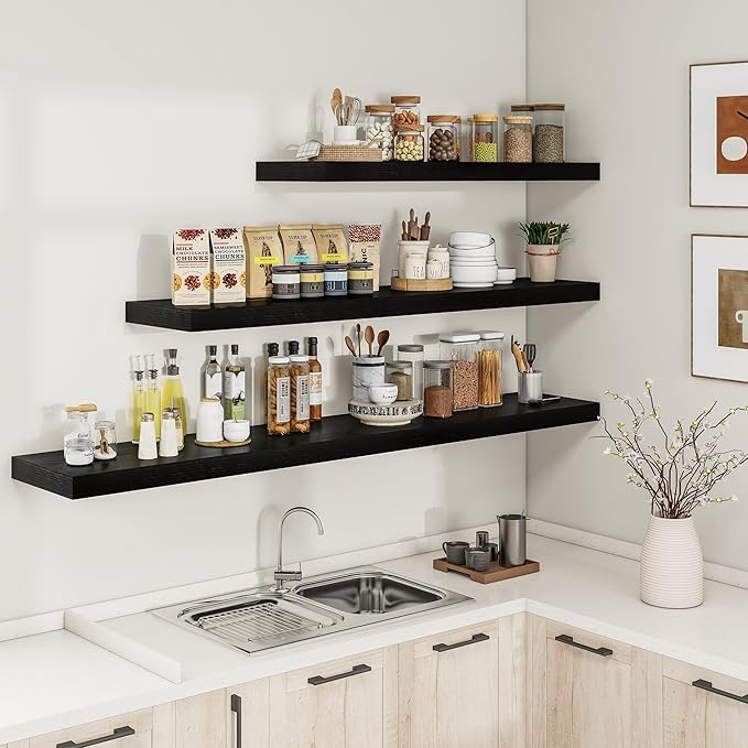 RICHFOCUS 72Inch Floating Shelves for Wall 1 Pack Shelves for Bedroom|Kitchen|Bathroom Wall Mounted Rustic Wood Floating Shelf with Invisible Brackets for Books|Storage|Decor, Black