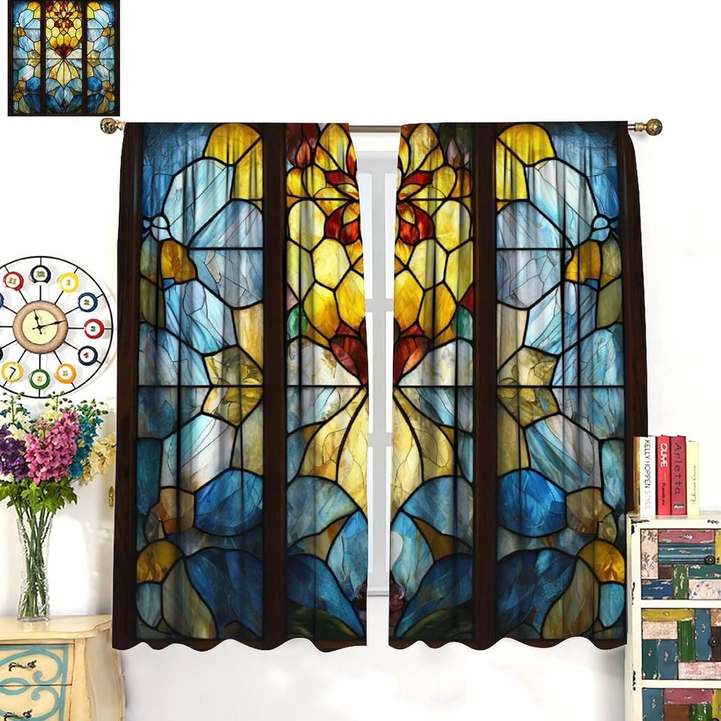 Stained Glass Curtains,Retro Abstract Colorful Art Home Decor Drapes for Bedroom Living Room Kitchen Window Treatment 2 Panels Set Total Size 63" W X 72" L Inch