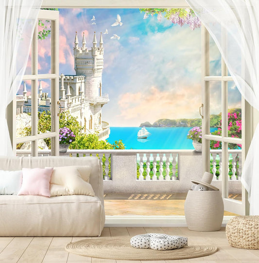 Window Seascape Wall Mural Wallpaper for Bedroom Living Room Bathroom (Not Peel n' Stick)
