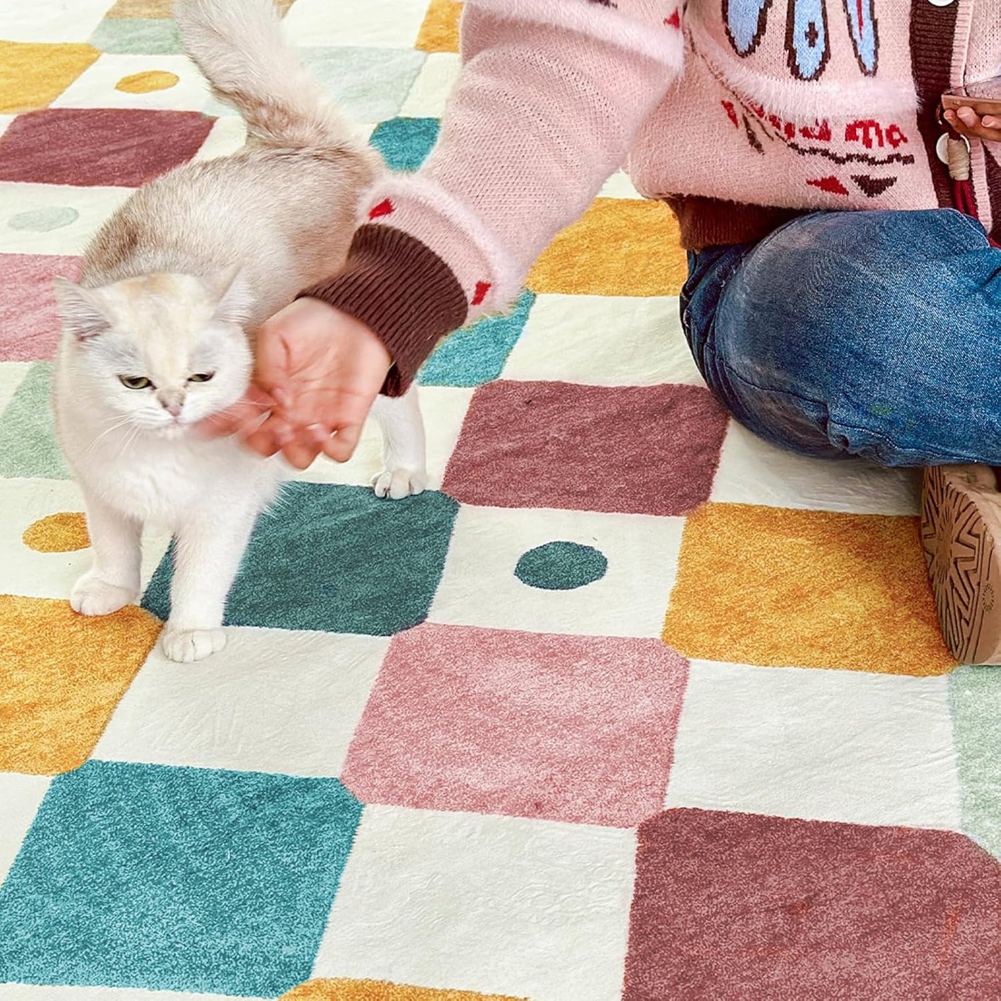 jinchan Round Rug 5ft Kids Washable Rug Indoor Floor Cover Non-Slip Soft Elementary School Classroom Modern Colorful Diamond Carpet for Nursery Daycare Bedroom Playroom Living Room Confetti on Cream