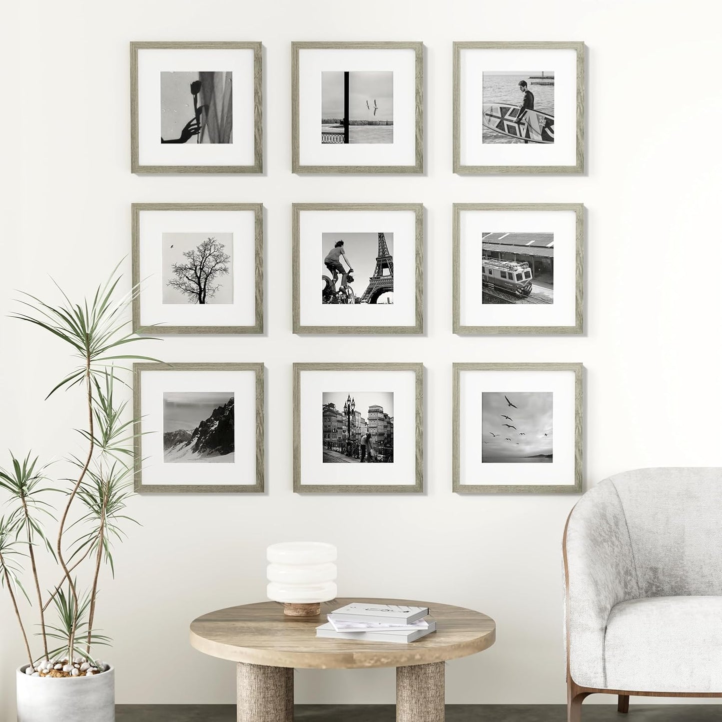 Vittanly 12x12 Picture Frames Set of 9, Shatter Resistant Plexiglass, Display 8x8 Pictures with Mat or 12x12 without Mat, Photo Frames for Wall Mount, Engineered Wood, Driftwood