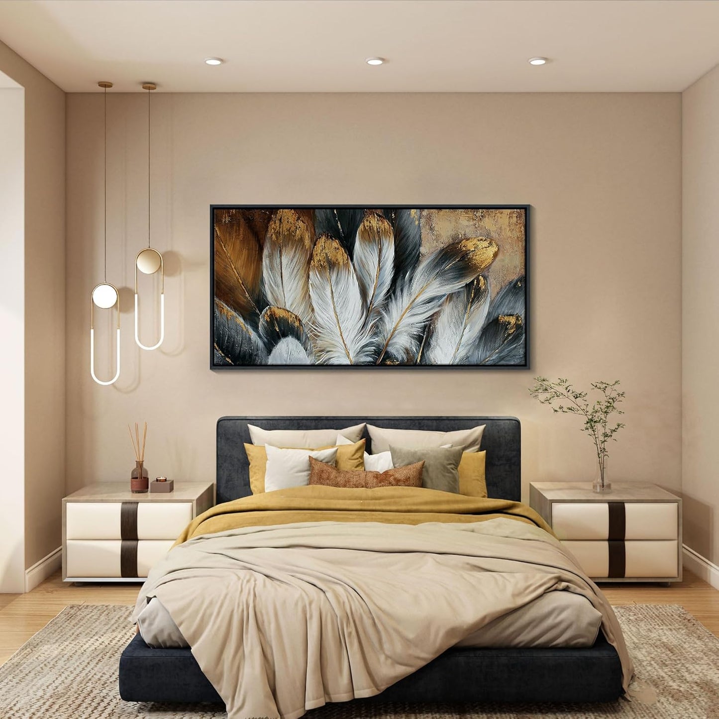 Framed Feather Canvas Wall Art Modern Living Room Bedroom Wall Decoration Large Canvas Painting Artwork for Home Decor White Gold Brown Feather Picture 24x48 Size