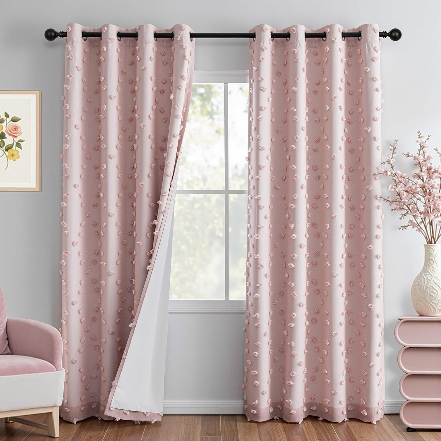 MYSKY HOME 100% Blackout Curtains for Nursery Thermal Insulated Blush Pink Pom Pom Curtain 72 Inch Length for Girls Bedroom 2 Panels Grommet White Sheer Drapes for Kitchen Dining Room Door, 52W x 72L