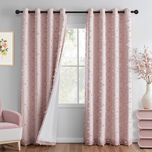 MYSKY HOME 100% Blackout Curtains for Girls Bedroom 84 Inch Long Total Light Blocking Blush Pink Curtain for Living Room 2 Panels Room Darkening Grommet Window Drapes with Pom Pom Sheer 52W x 84L