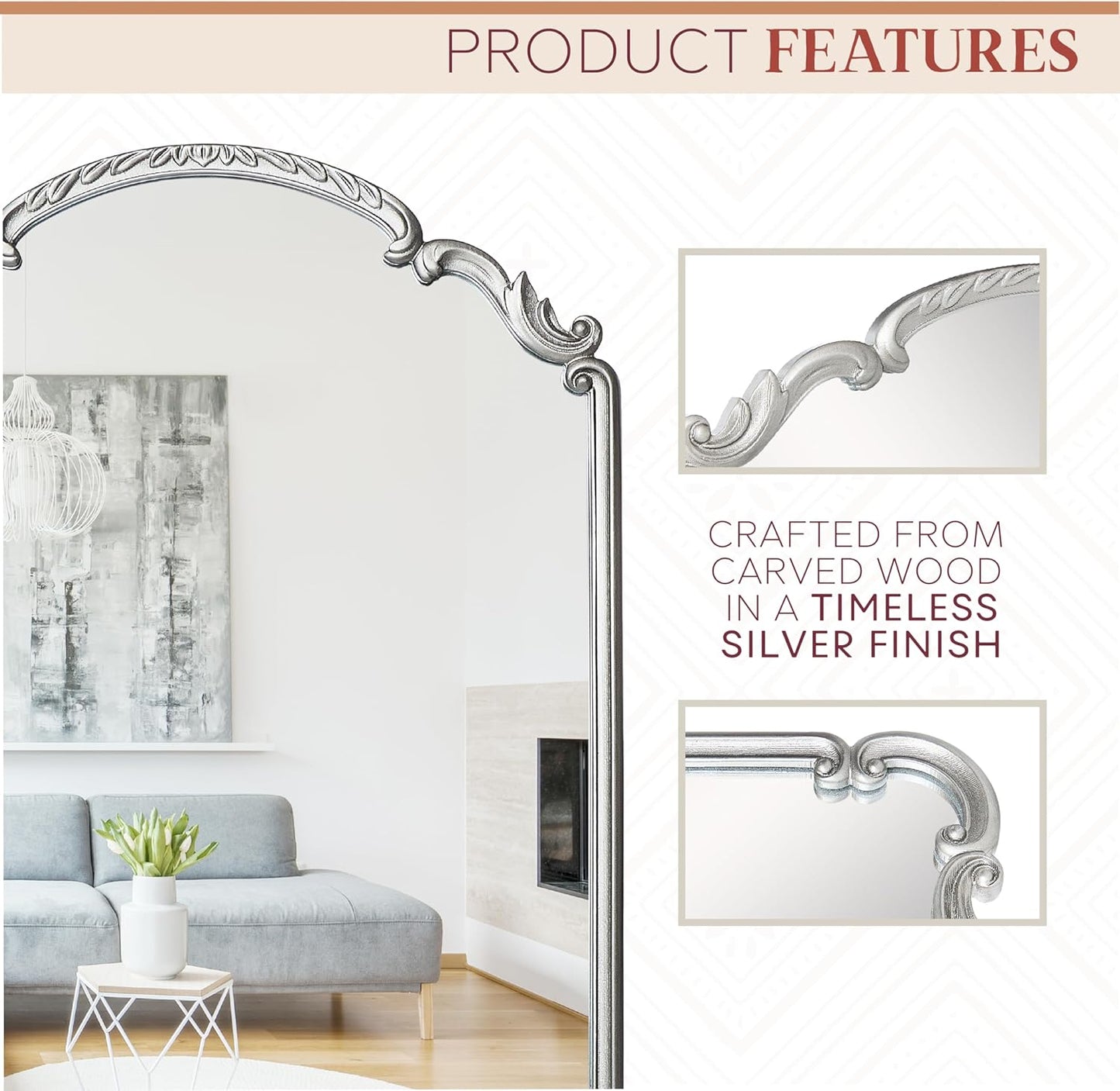English Estate Carved Arch Wood Wall Mirror, Mirror for Entryway, Living Room, Bathroom, Antique Silver, 20.9x28.9