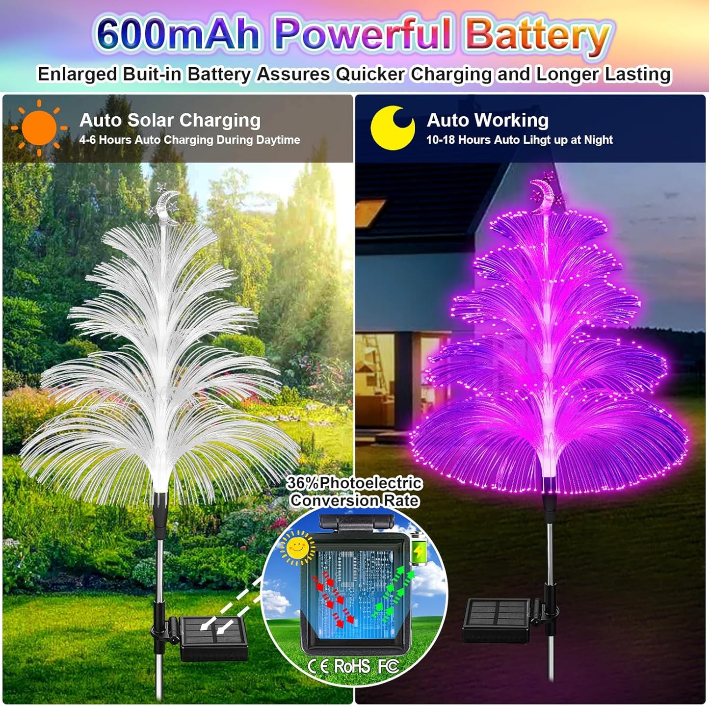 Solar Christmas Tree Lights Decorations Outdoor Waterproof 5 Layer Optical Fiber 7 Color Changing for Yard Pathway Outside Decorative Gifts Christmas, 3 Pack