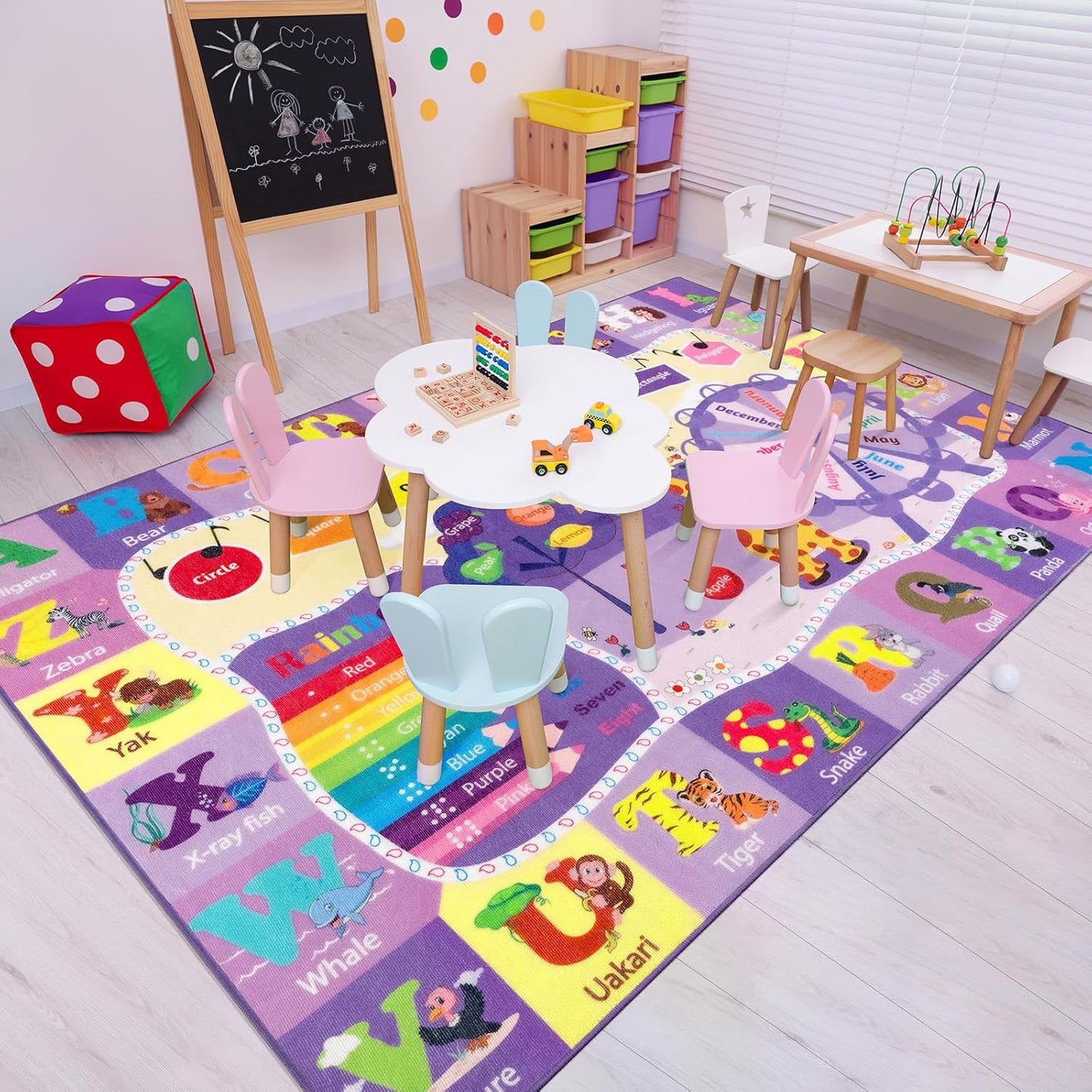 Kids Rugs for Playroom Bedroom Classroom Nursery, Non-Slip and Washable Rugs for Children Toddlers Girls, Educational and Fun Rug Carpets with ABC Alphabet Animals Shapes, 3x5, Purple