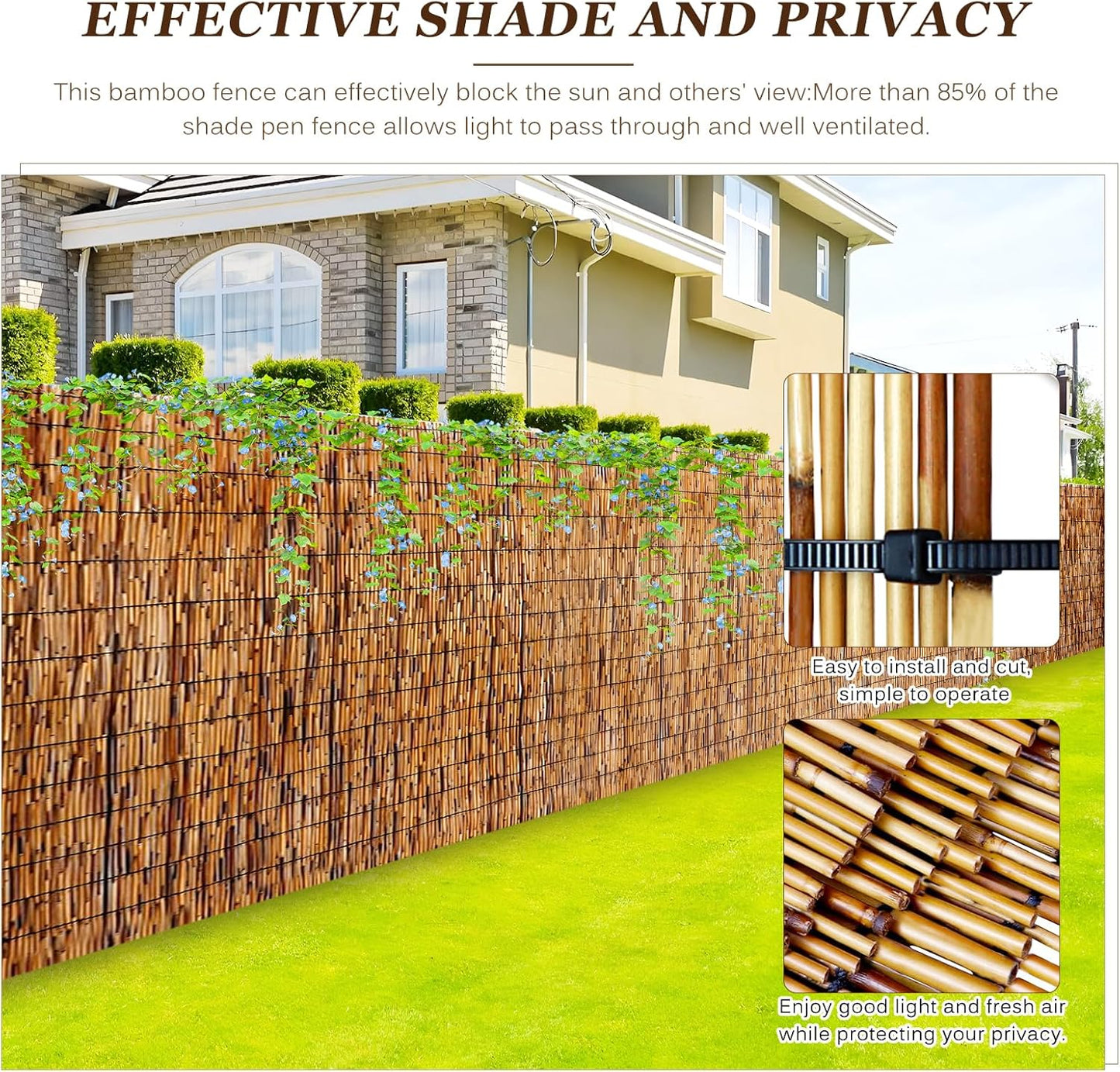 Natural Reed Fencing Rolls: Privacy Bamboo Fence 3/4/5/6ft High Roll Reed Screen, Decorative Bamboo Fencing for Outdoor Balcony Patio Garden Backyard,with Cable Zip Ties(Coffee, 2.6x6.6ft)