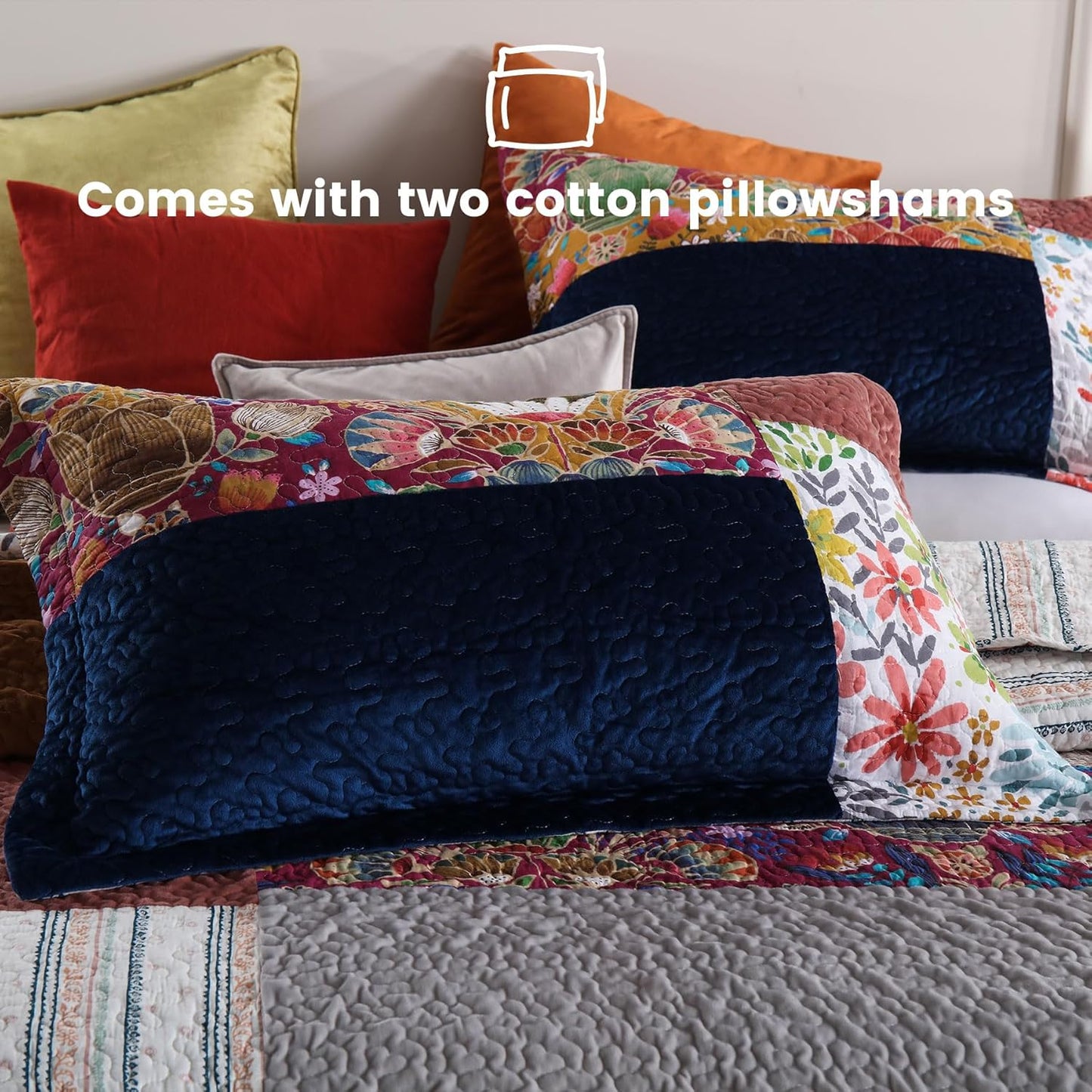 Secgo Queen Comforter Set for Bed - 100% Cotton Quilts Queen Size, Black Bedspreads (90 * 98 Inch) with 2 Pillow Shams, Patchwork Reversible Lightweight Bedding