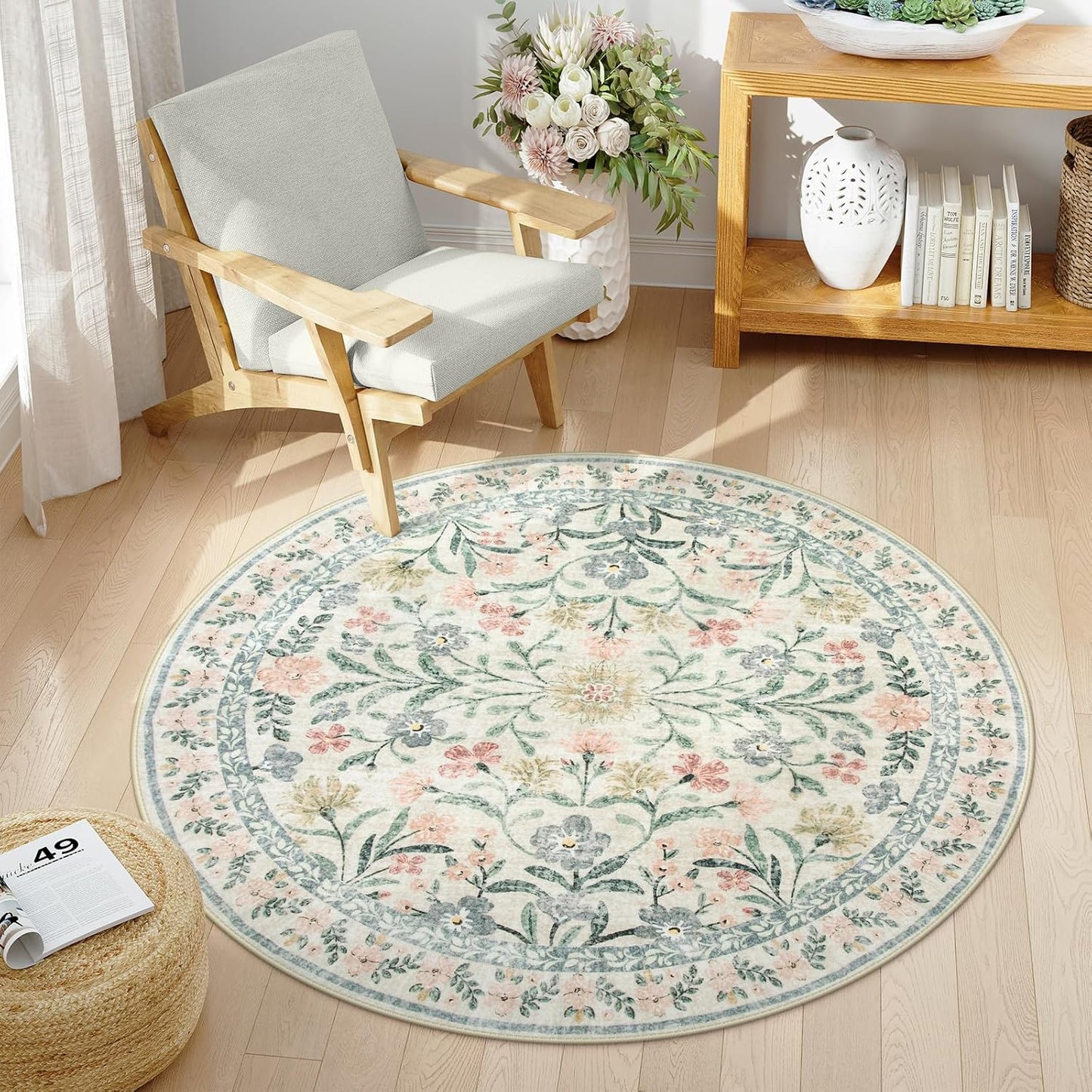 Wonnitar Round Washable Rug, Soft Floral Round Rugs 5ft Circle Carpets for Bedroom Ultra-Thin, Boho Beige Print Distressed Circular Carpet for Living Room Dorm Bedside