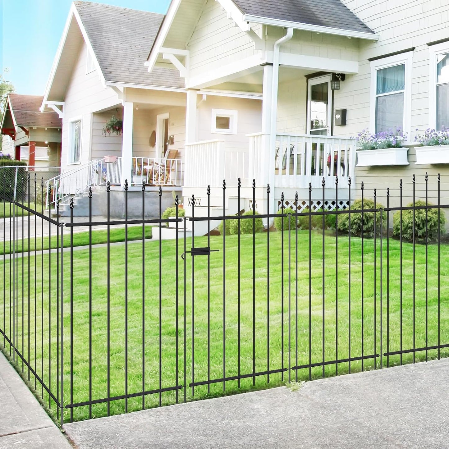 Metal Garden Fence with Gate 42 in H x 12 ft L, 1 Gate + 5 Panels Border Dog Fence Panels Animal Barrier, No Dig Garden Fencing for Yard Patio Flower Bed Lawn Outdoor, Arch Black