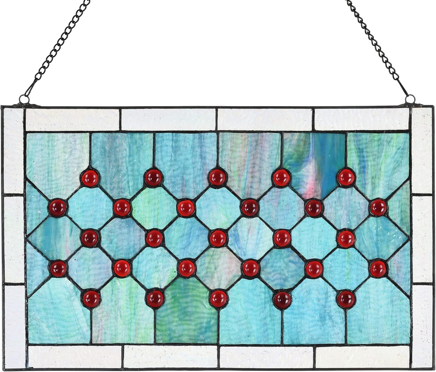 Tiffany Stained Glass 19.25" x 11.75" Window Panel, 100% Genuine Stained Glass and Cabochon, Handcrafted 73 Pieces, 9.25 by 11.75-inch, Hanging chain included, Blue/Green.