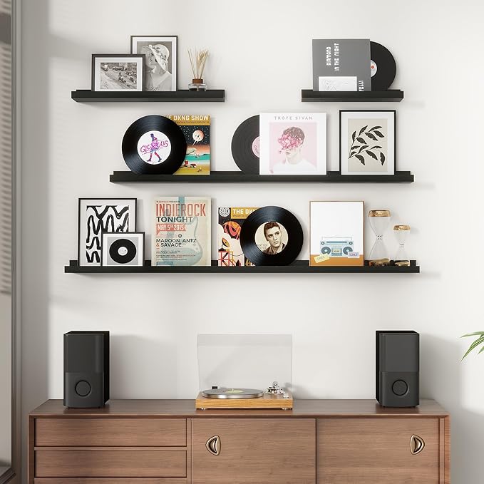 Picture Ledge Wall Shelves 48 inches Width Set of 3, Solid Pine Wood Rustic Floating Ledge Shelves for Wall for Kids' Room Bedroom Kitchen Bathroom Long Floating Shelves for Wall Decor, Black