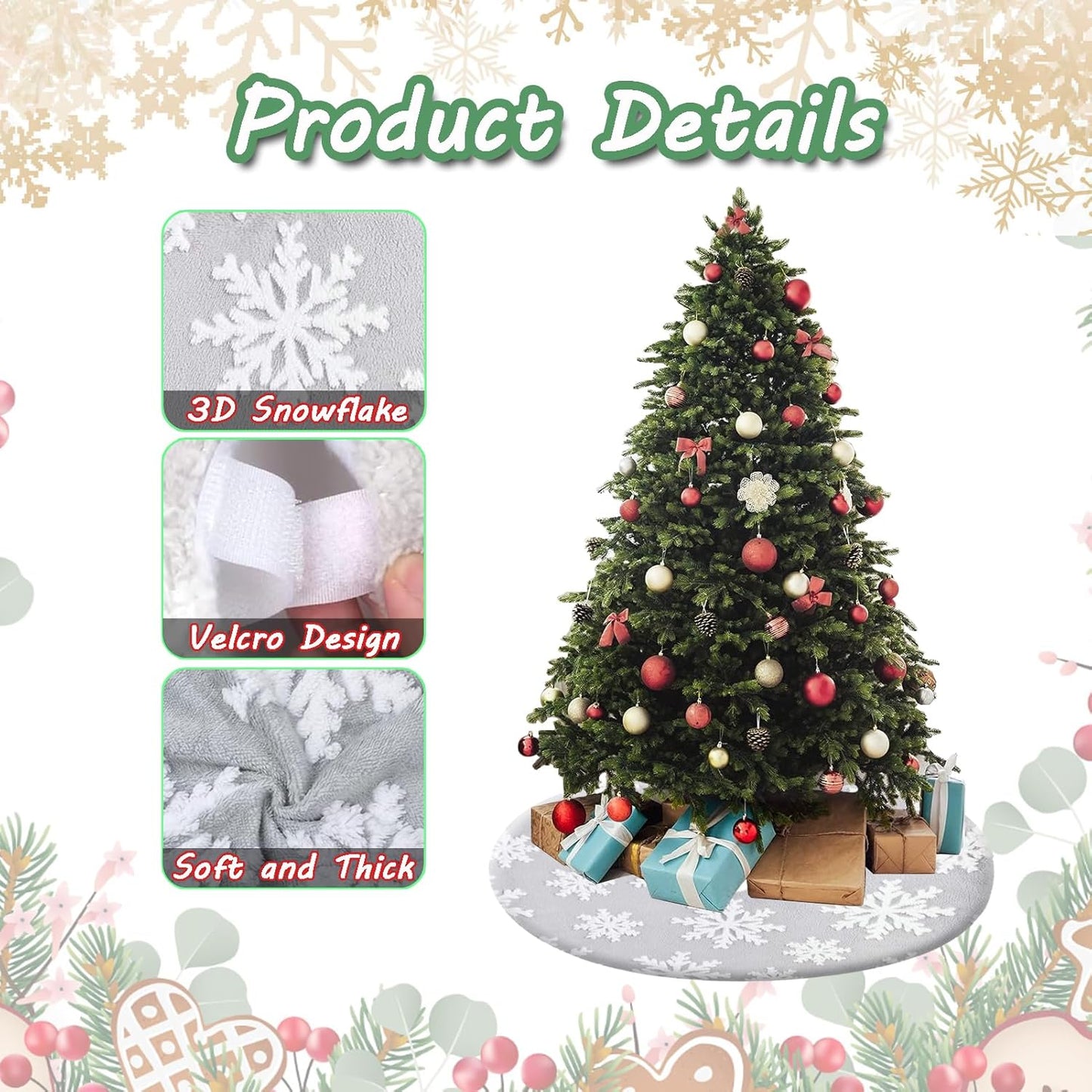 48inch Christmas Tree Skirt Tree Blanket, Large Luxury Soft Carpet 4ft Xmas Tree Blanket with 3D Large Snowflakes Grey Faux Fur Carpet for Christmas Holidays Decoration Party