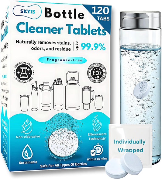 120-pcs Water Bottle Cleaner Tablets, Chlorine-free, Water Bottle cleaner, Tumbler washer and Glass bottle cleaner Removes stubborn stains and Freshens glass bottles and utensils